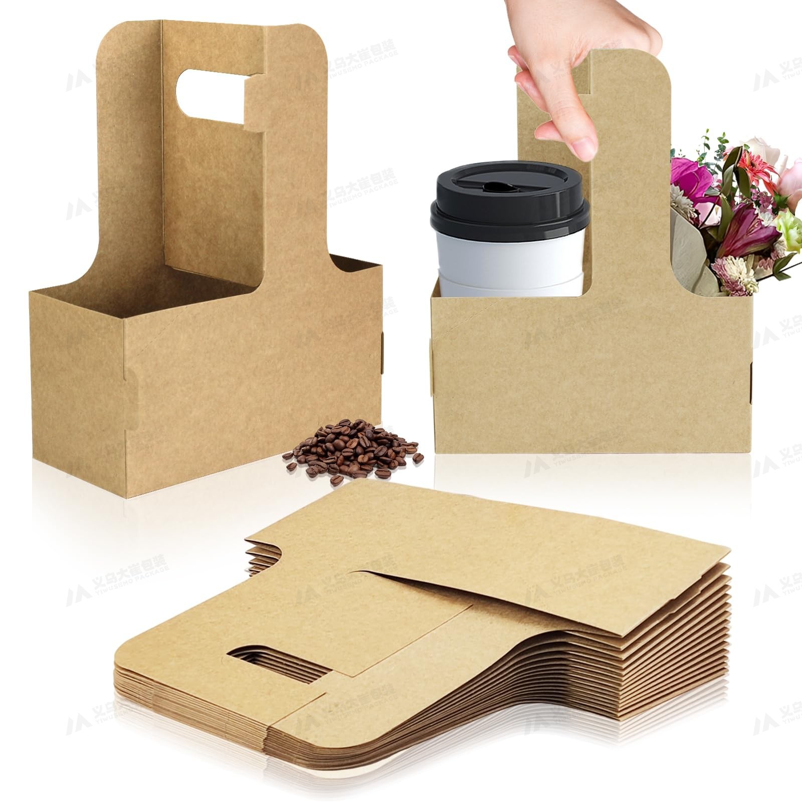 咖啡手提花盒牛皮纸插花篮奶茶盒打包外带盒蛋糕盒鲜花手提盒圣诞