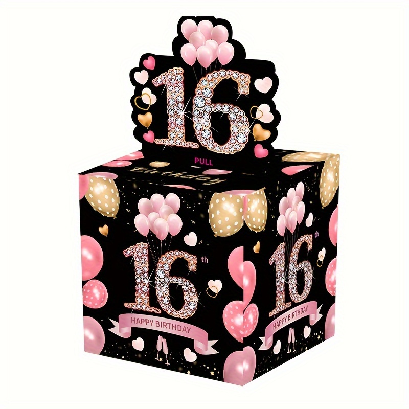 十六岁生日主题礼盒，粉色方形礼盒快乐生日贺卡和50个透明袋惊喜礼盒现金礼盒现金礼盒适合庆祝生日活动万圣节感恩节圣诞节