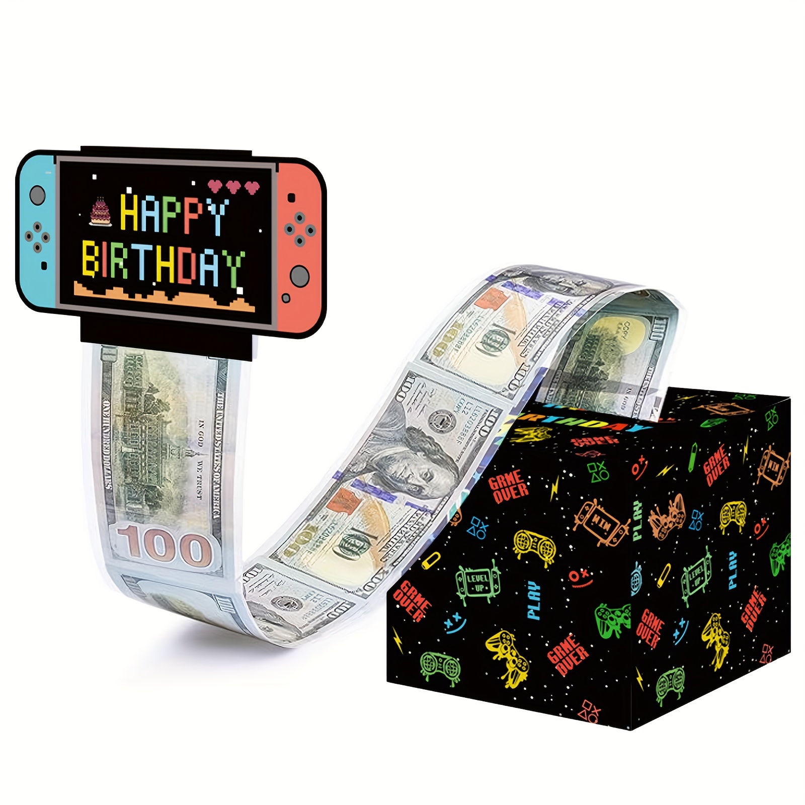 游戏机主题现金箱快乐生日贺卡和50个透明袋惊喜现金箱现金箱现金适合庆祝生日活动万圣节感恩节圣诞节