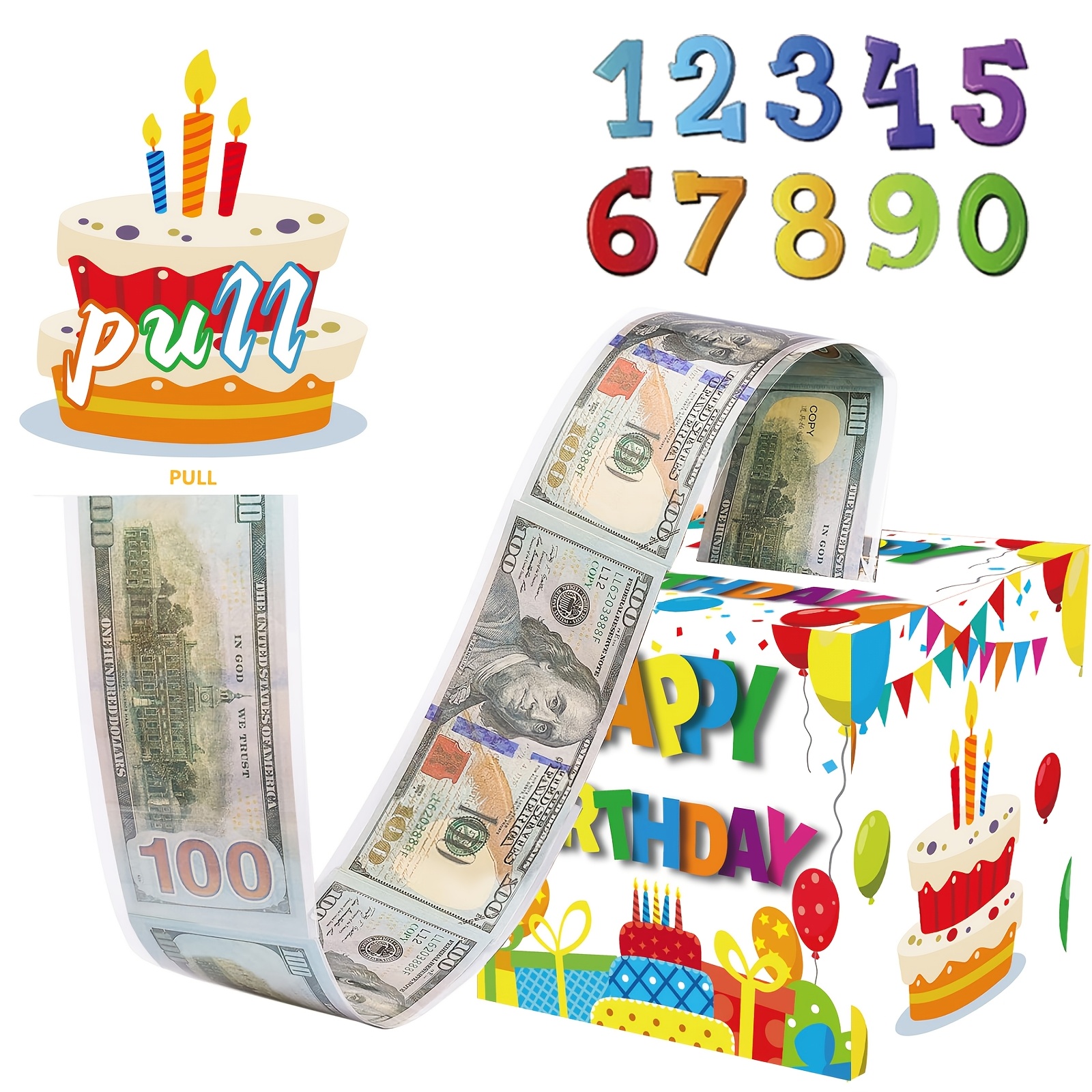 生日钱盒,现金礼品拉,惊喜礼品盒,带抽出式生日快乐卡和 50 个透明袋,适合儿童和成人的钱礼品创意