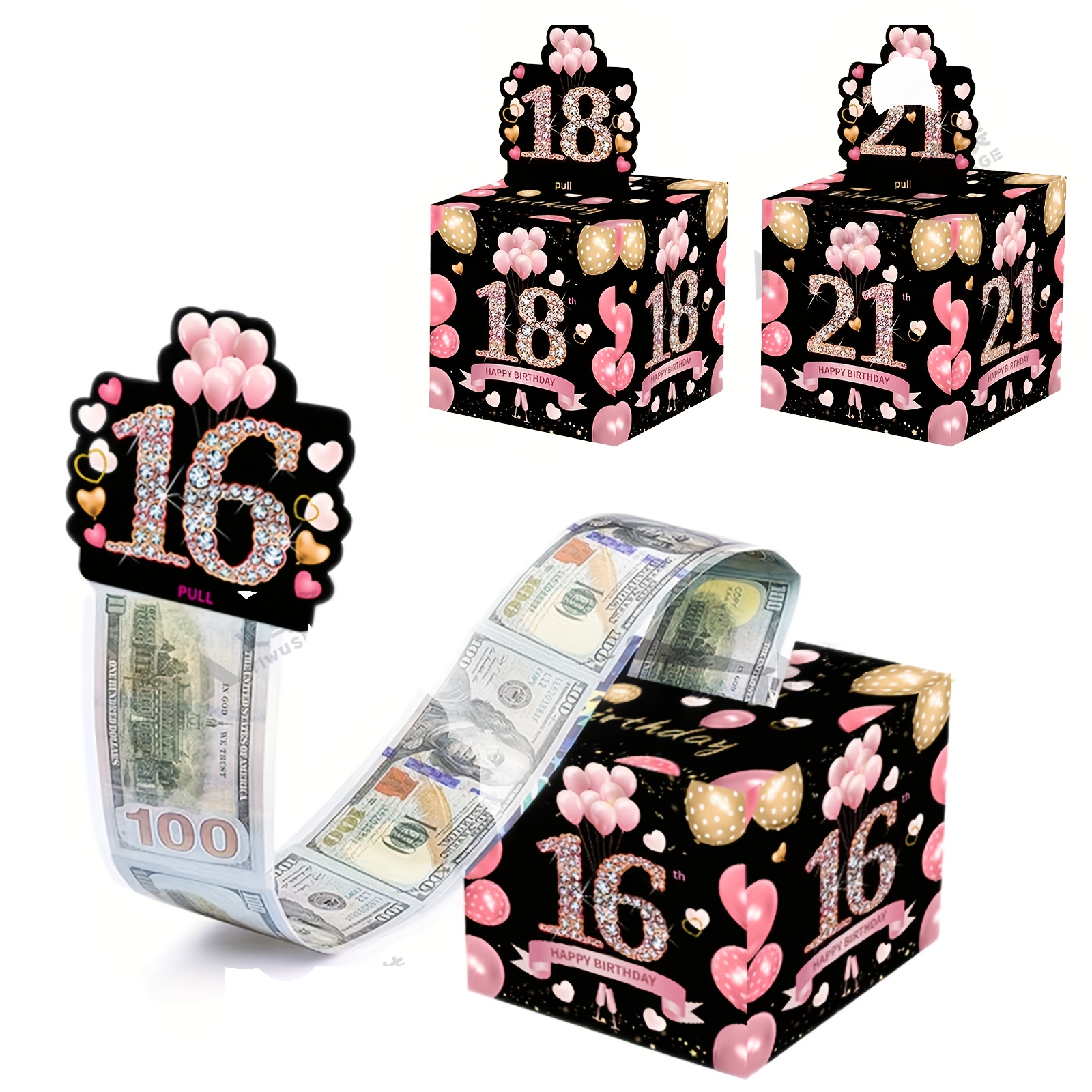 21岁生日主题礼盒，粉色方形礼盒快乐生日贺卡和50个透明袋惊喜礼盒现金礼盒现金礼盒适合庆祝生日活动万圣节感恩节圣诞节