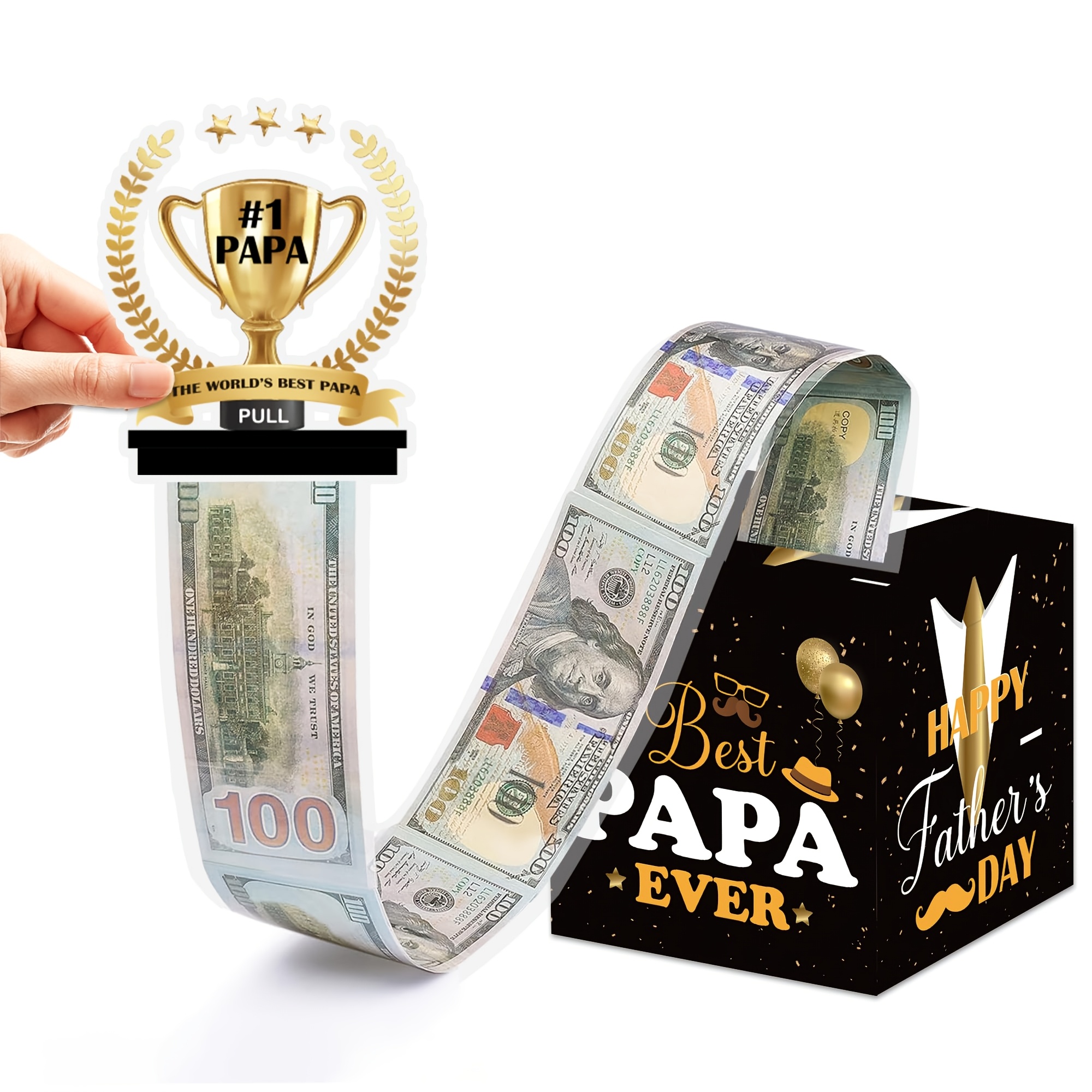 爸爸生日存钱罐，可拉出现金；黑色金色生日礼盒，附带可抽出的贺卡，适合男士；含50个透明袋