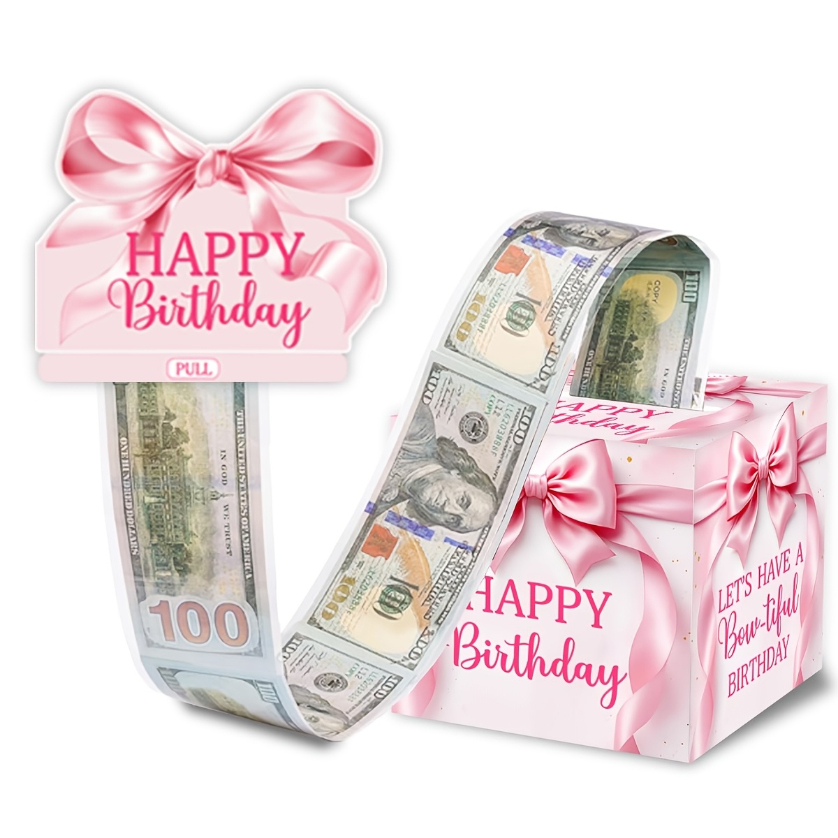 粉色蝴蝶结生日现金礼品盒，精致蝴蝶结款女士女孩生日抽钱礼盒