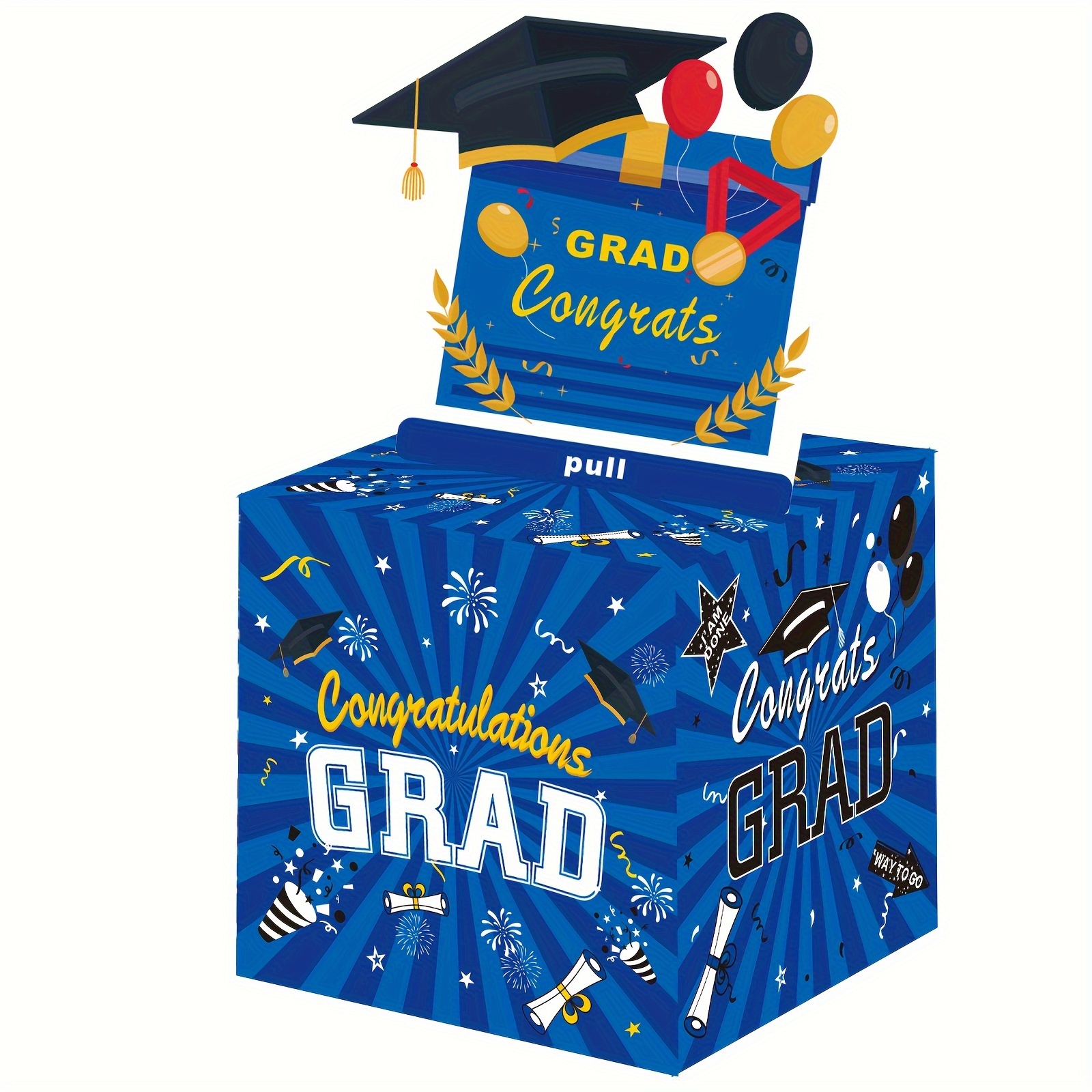 毕业快乐钱箱现金礼物拉，钱礼盒拉出蛋糕卡和透明袋，钱卷拉出惊喜礼盒的朋友和家人同学