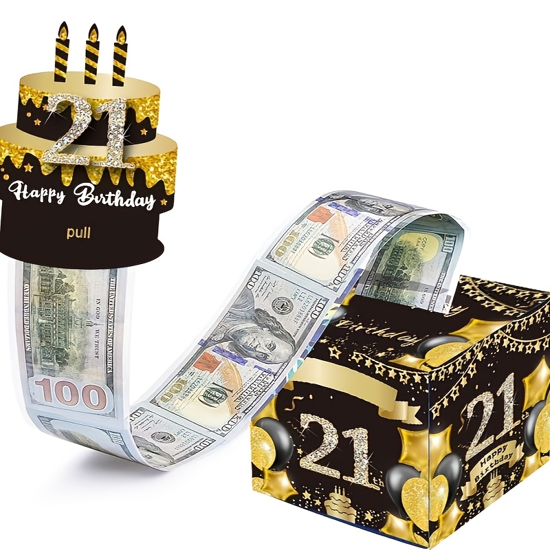 21岁生日快乐钱箱现金礼物拉，钱礼盒拉出蛋糕卡和透明袋，钱卷拉出惊喜礼盒的朋友和家人