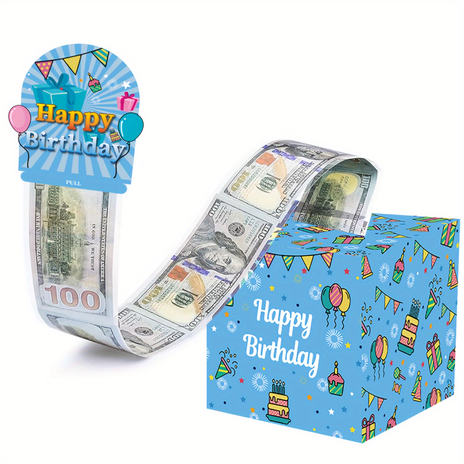蓝色生日主题现金箱快乐生日贺卡和50个透明袋惊喜现金箱现金箱适合庆祝生日活动