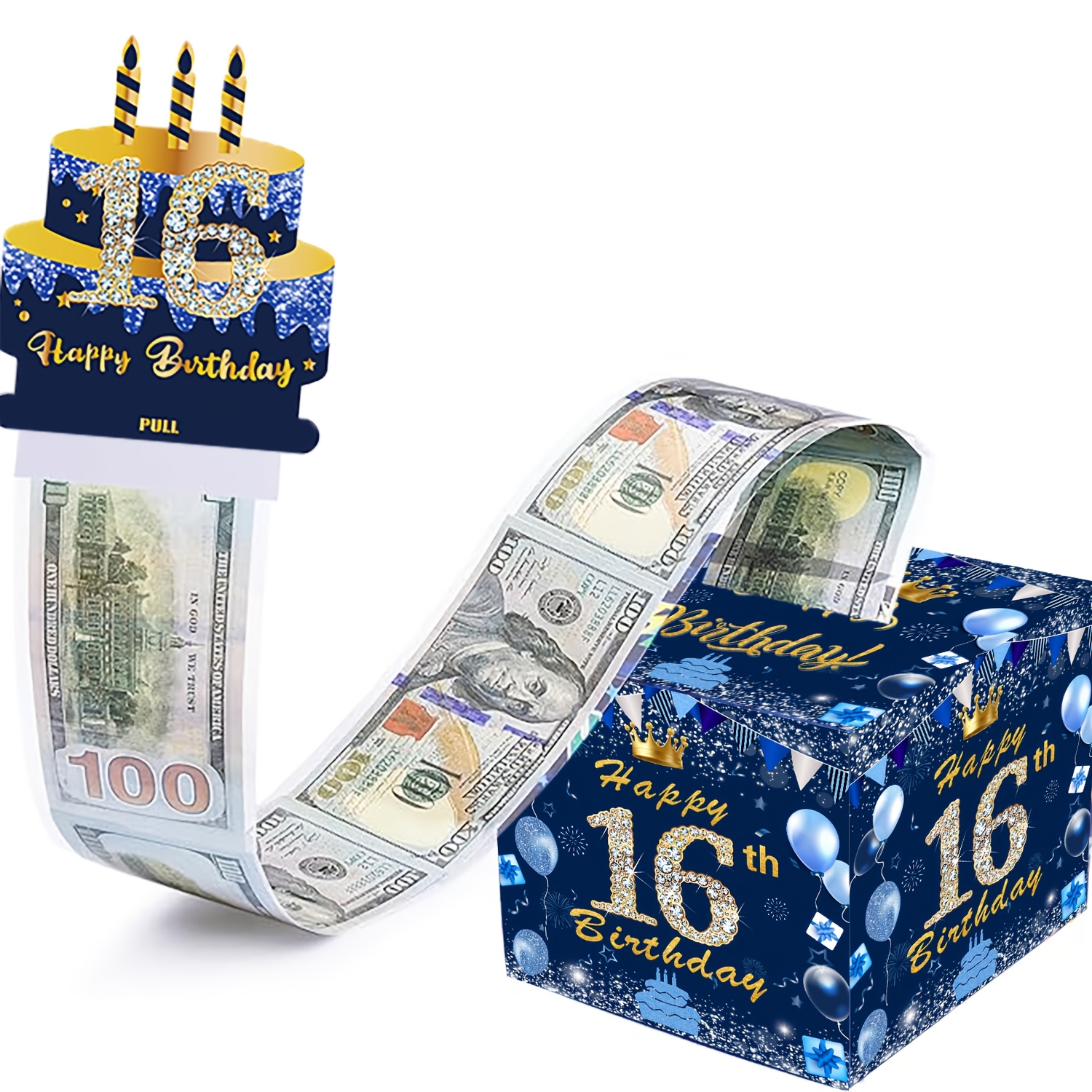 生日现金存钱罐，生日抽钱盒子，适用于生日惊喜卡片、派对装饰，适合女性、女孩、男性、男孩、挚友，蓝色
