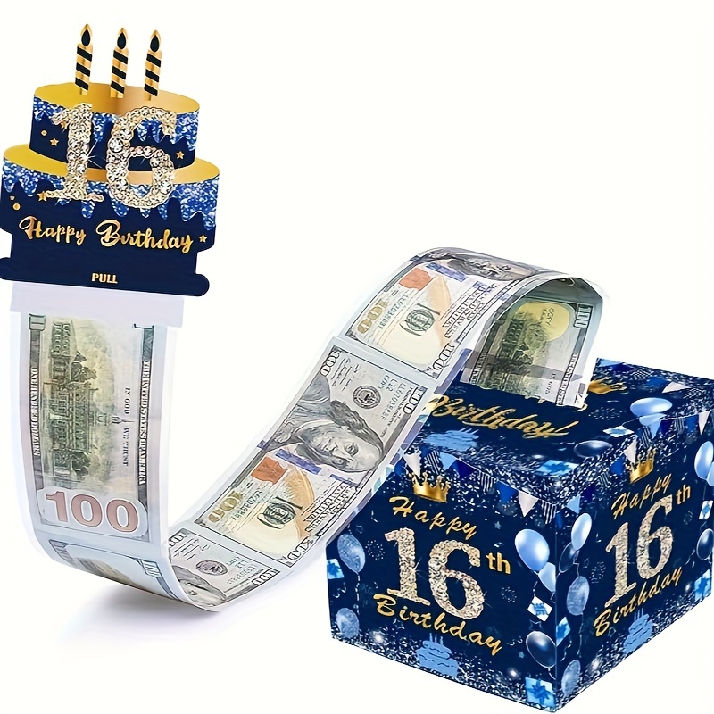 16岁生日主题现金箱快乐生日贺卡和50个透明袋惊喜现金箱现金箱现金适合庆祝生日活动万圣节感恩节圣诞节