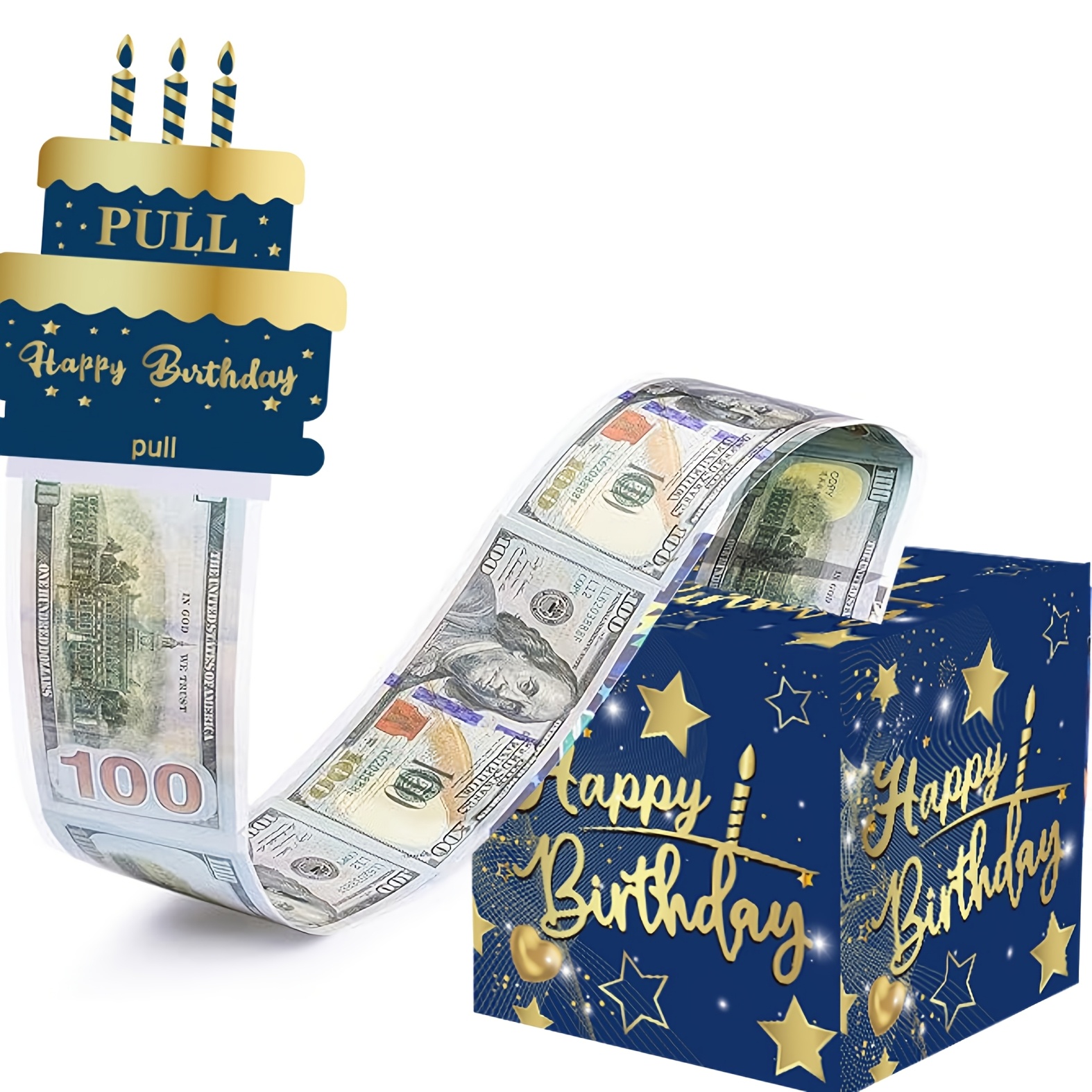 生日抽钱礼盒，惊喜现金礼品盒，附带可抽出式生日快乐贺卡及 50 个透明袋，适用于儿童与成人的现金礼物创意