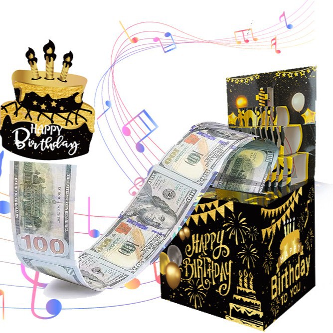 黑金3D立体生日快乐纸质抽钱盒子惊喜生日派对贺卡万圣节礼物礼盒