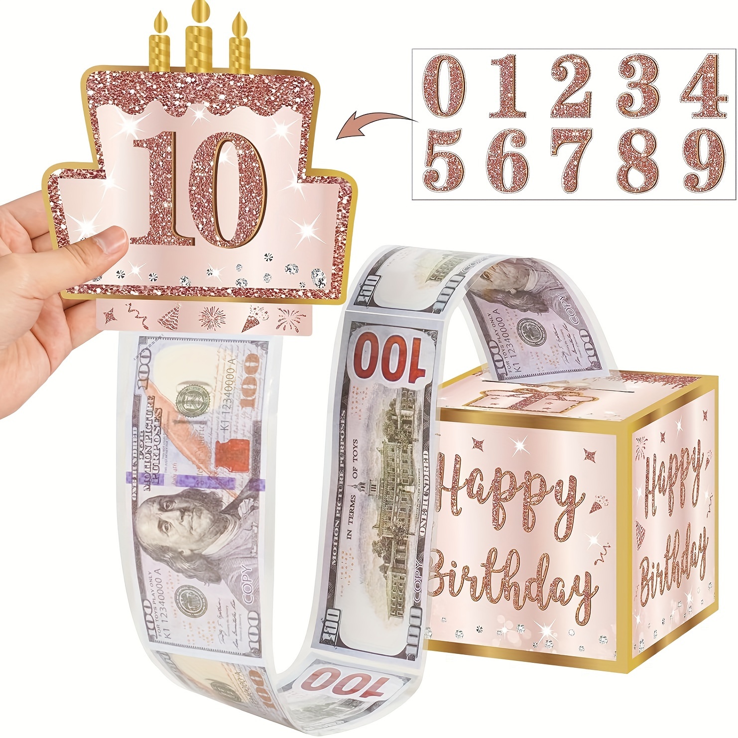 生日快乐钱礼盒与DIY贴纸为任何年龄-粉红玫瑰金惊喜生日派对现金礼盒拉出卡为妇女女孩-一个有趣的方式来赠送现金作为礼物