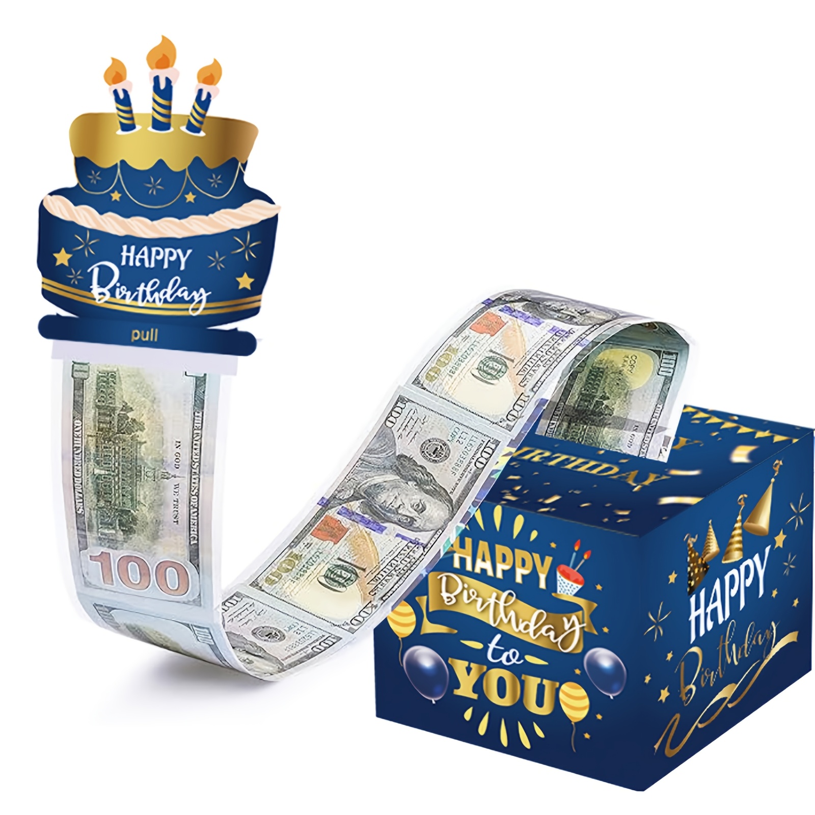 生日现金抽取礼盒，生日快乐钞票抽拉派对惊喜盒，附带抽拉式生日贺卡与透明袋的钱盒，适用于各年龄段（蓝色）