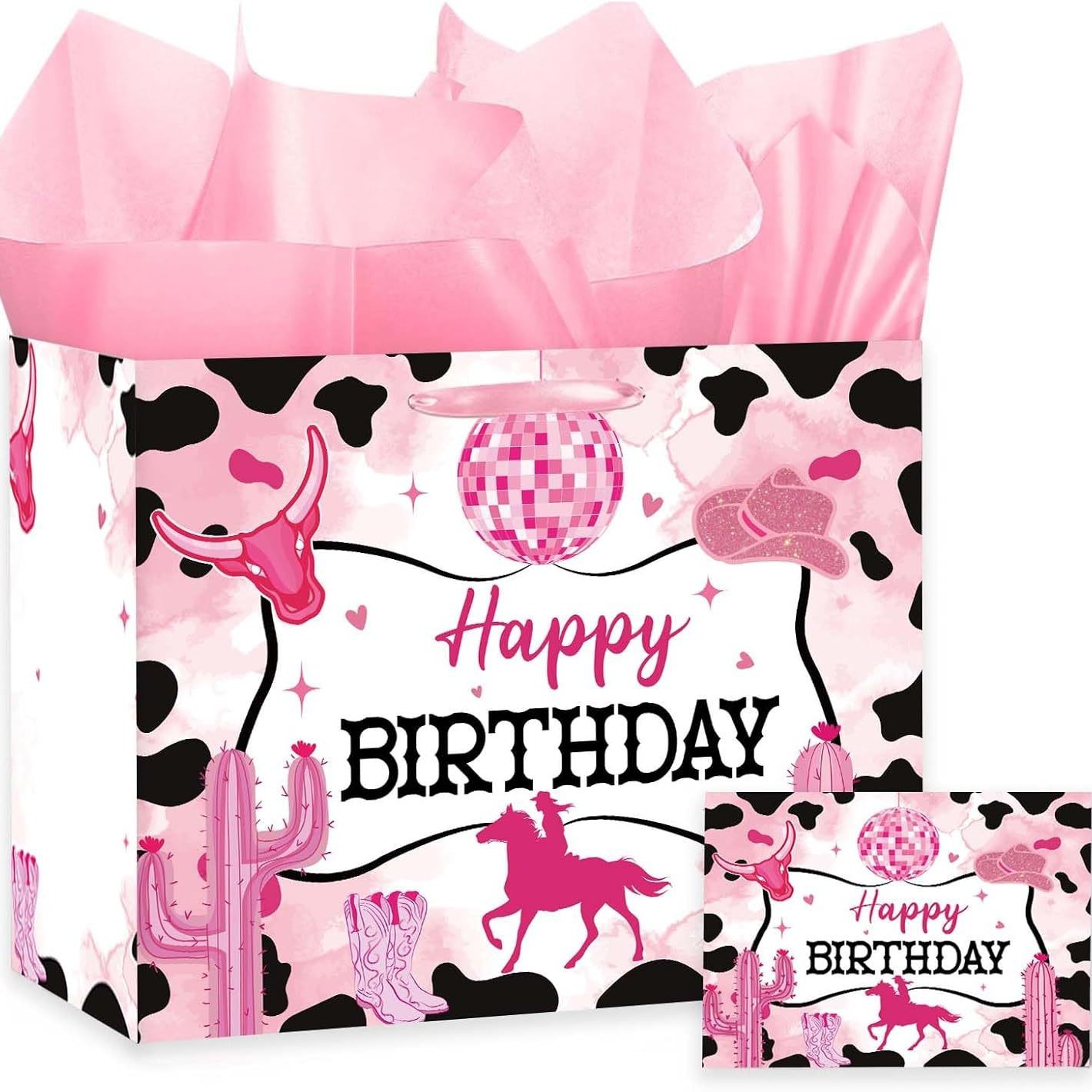 粉色女牛仔生日礼品袋套装带纸巾生日包女孩女牛仔派对装饰西礼盒
