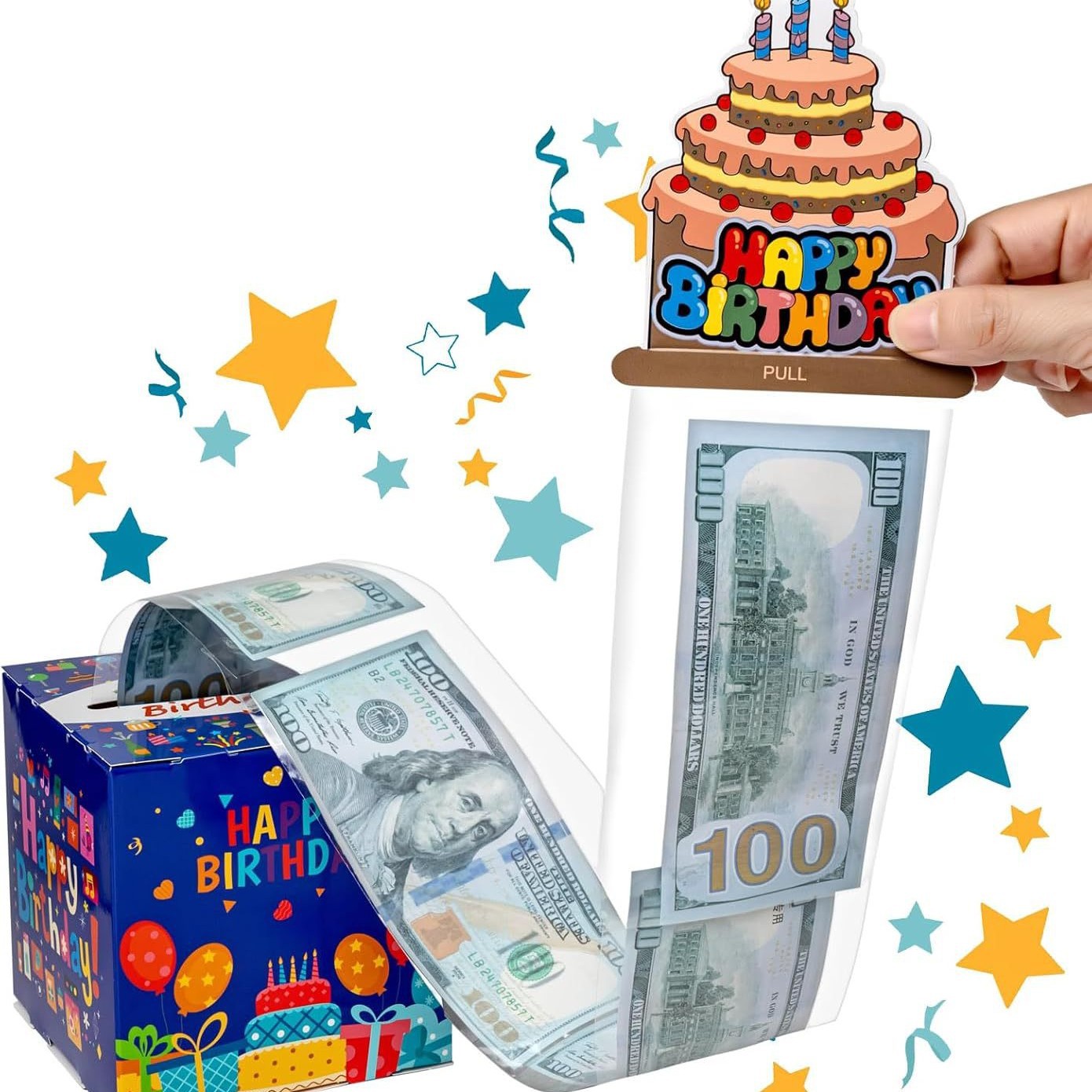 现金礼物生日钱盒附带50个透明袋,带拉出生日钱盒,适合儿童成人