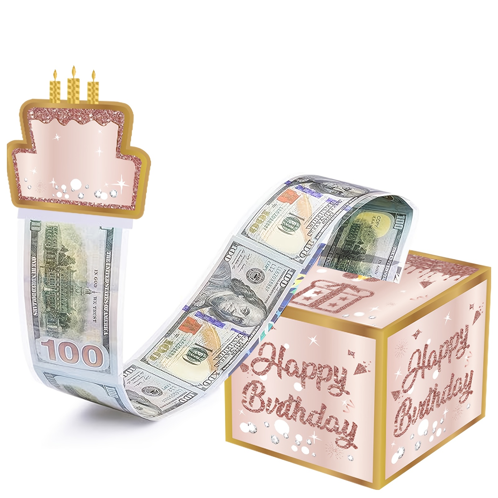 Turypaty 生日快乐现金礼品盒，附带 DIY 贴纸，适用于所有年龄段 —— 粉玫瑰金色惊喜生日派对抽拉式现金礼盒，专为女性、女孩设计 —— 一种趣味十足的现金礼物呈现方式