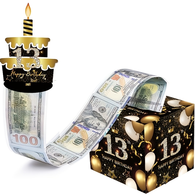 生日抽钱现金礼盒，黑金配色生日快乐抽拉卡片礼金盒，含 50 个透明袋