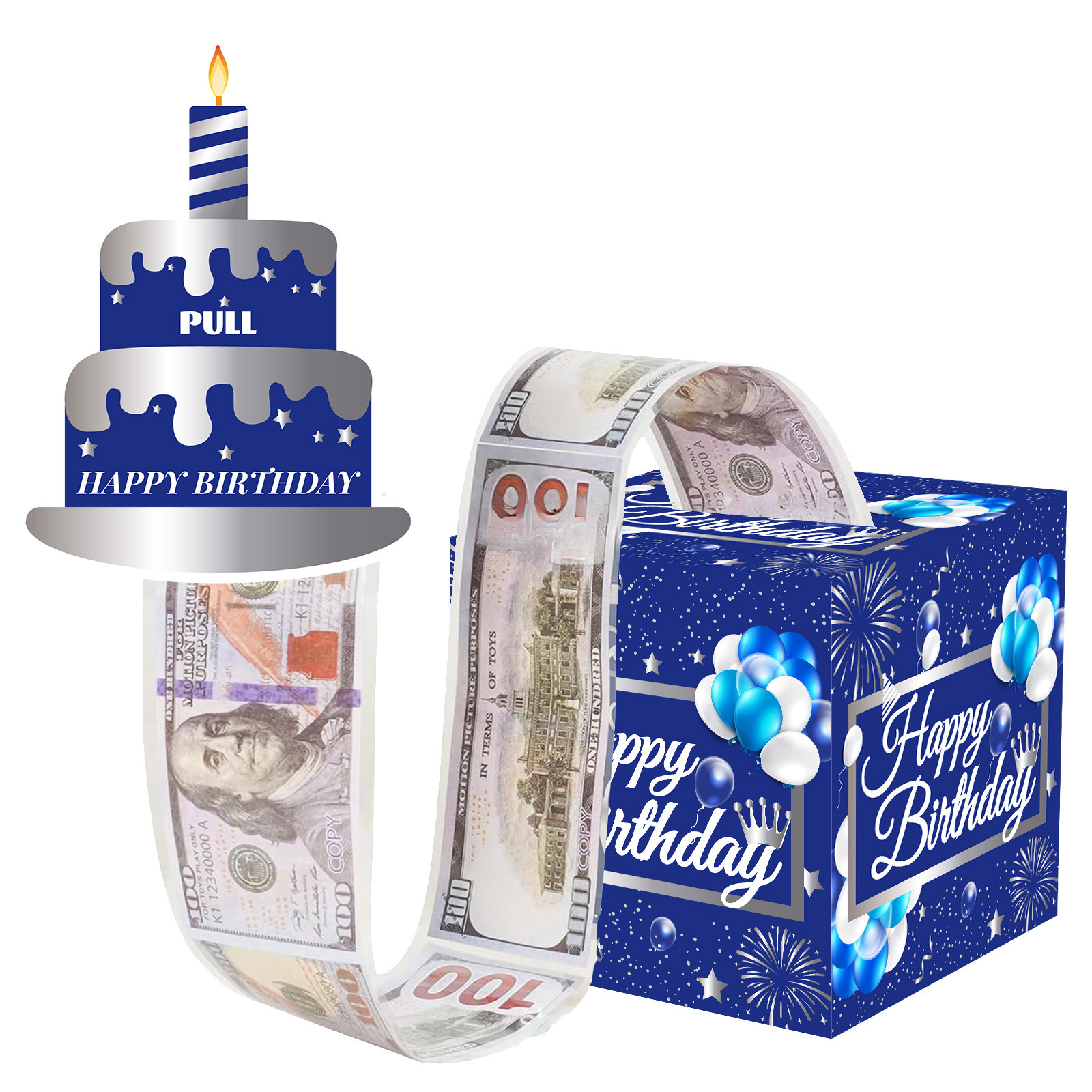 现货生日主题惊喜happybirthday气氛布置道具蓝银抽钱盒子礼盒