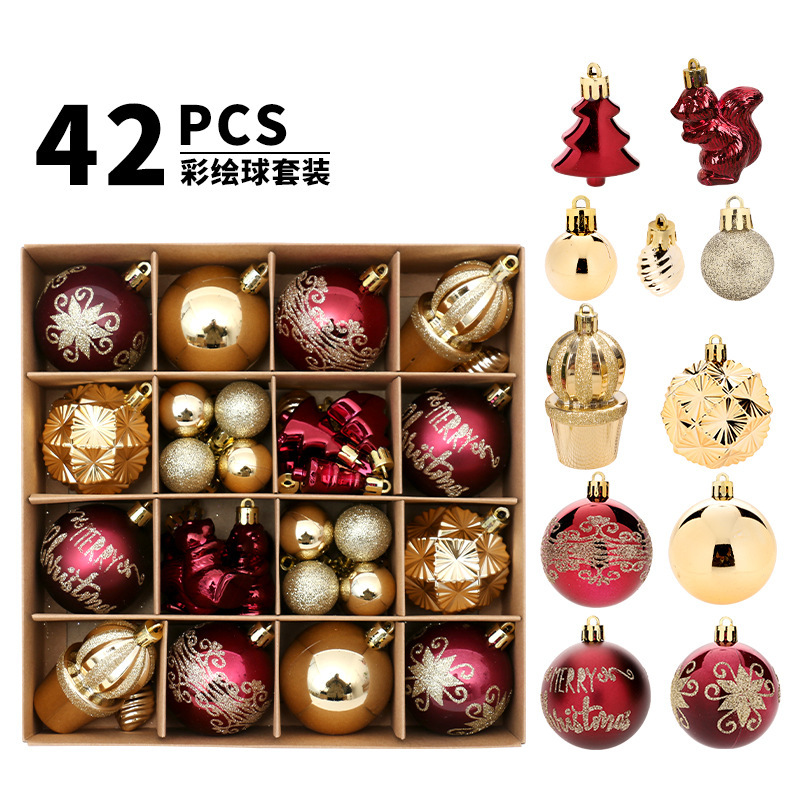 跨境 圣诞节装饰品 酒红金42个彩绘圣诞球套装 圣诞树挂件装饰