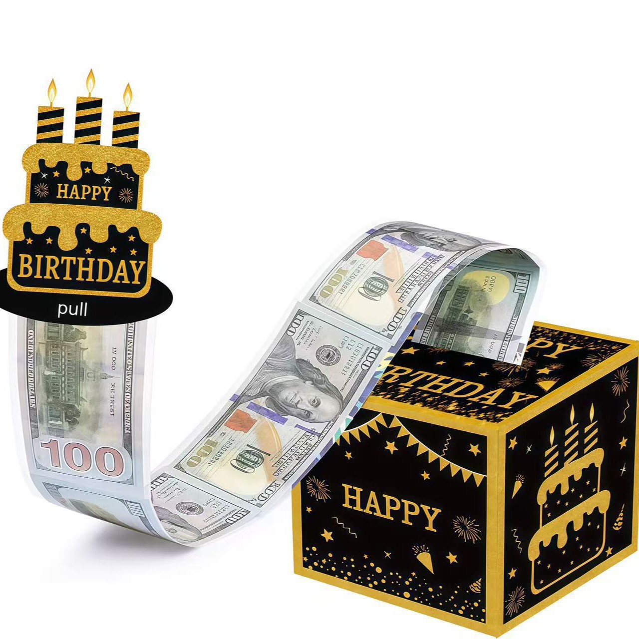 黑金色惊喜生日主题派对装饰现金抽钱盒生日场地气氛布置道具