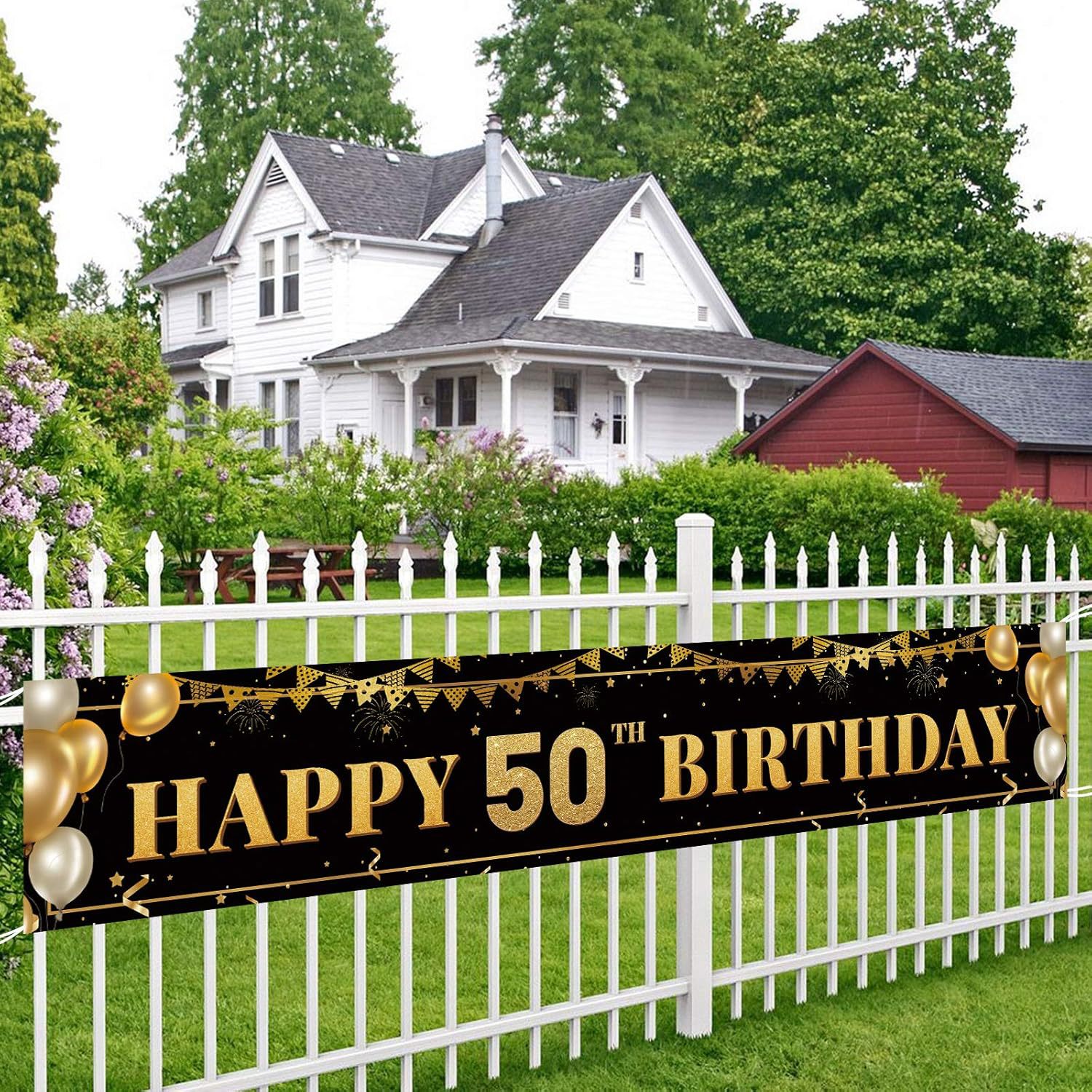 大型 50 岁生日快乐装饰横幅,黑色和金色快乐 50 岁生日横幅标志