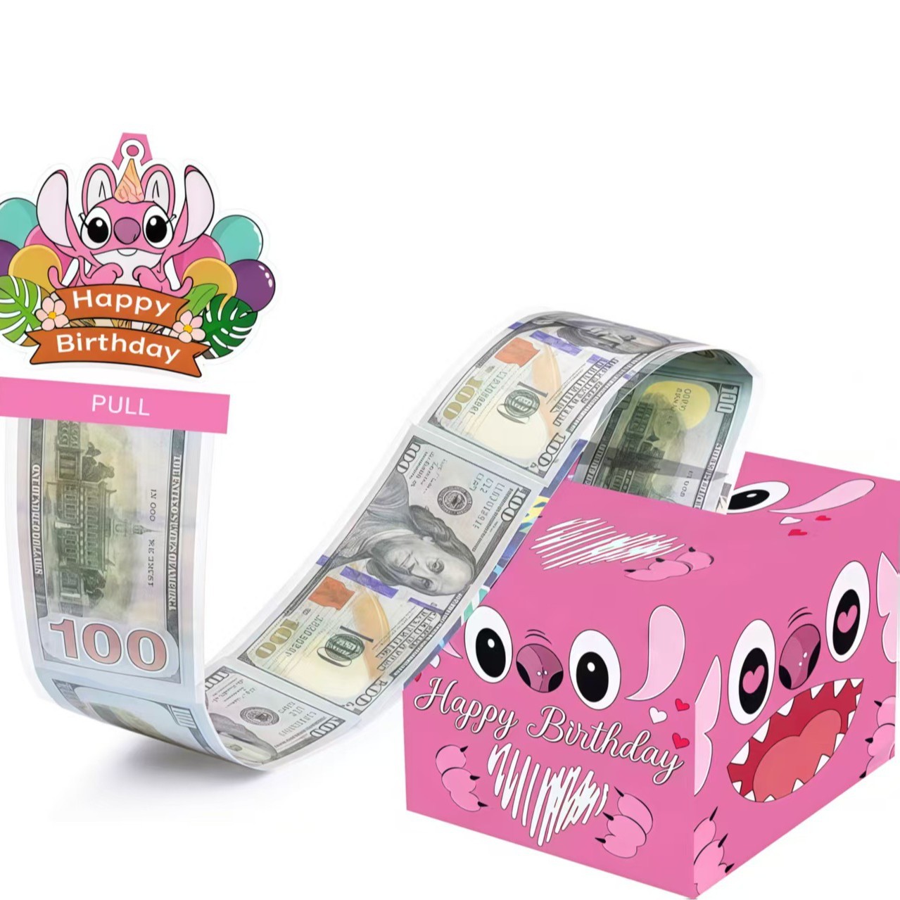 粉色史迪奇生日抽钱盒 创意拉钱机关礼物 卡通派对惊喜藏钱盒