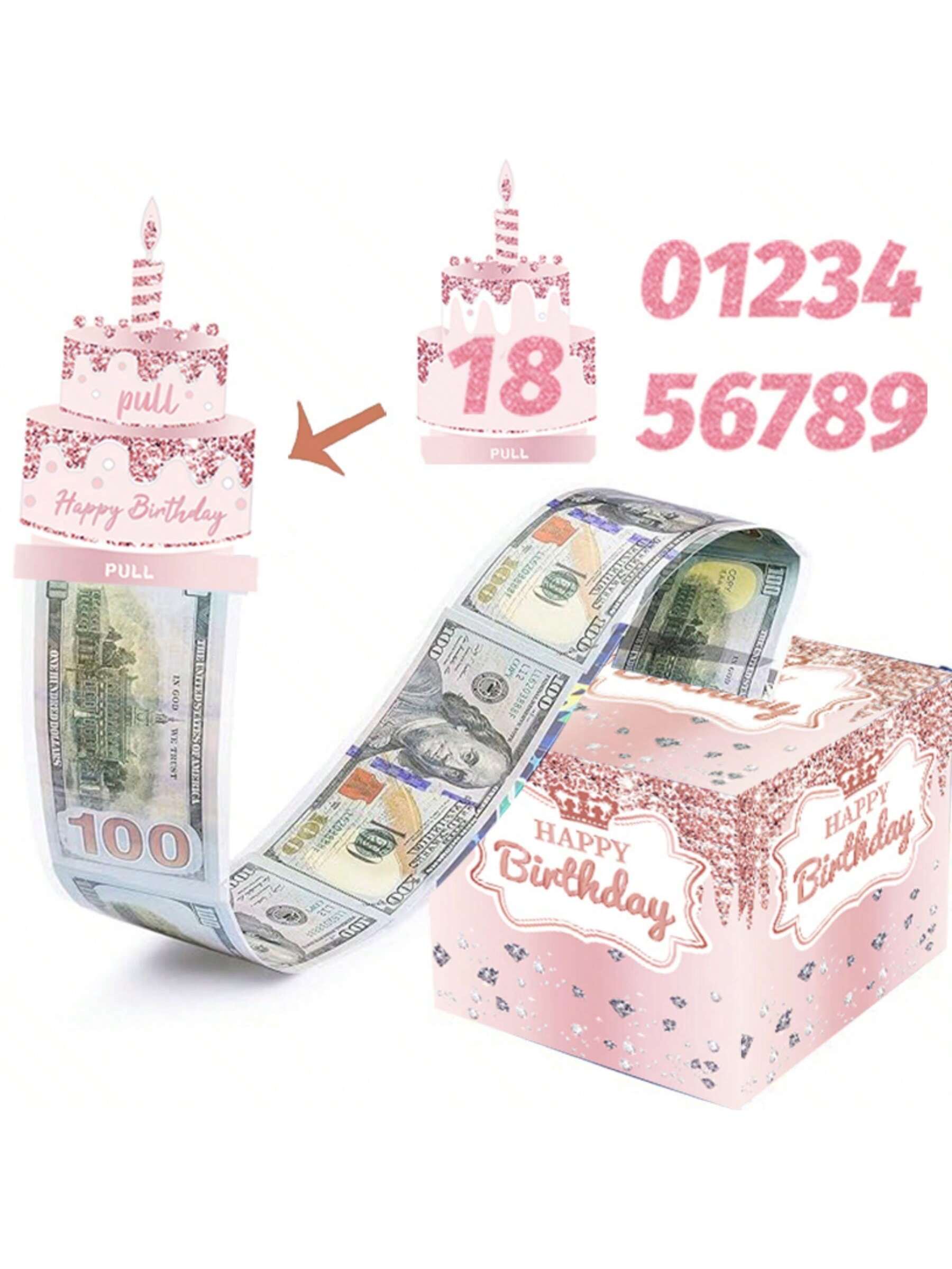 粉色主题生日存钱罐，惊喜存钱罐现金，生日快乐卡片和50个透明袋子，适合任何年龄的DIY贴纸，给家人和朋友送礼物的有趣方式！