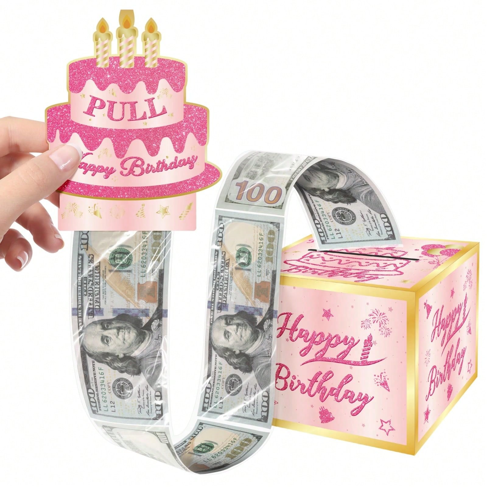 玫瑰粉色生日主题现金箱生日卡片和50个透明袋惊喜现金箱现金箱现金箱适合庆祝生日活动万圣节感恩节圣诞节