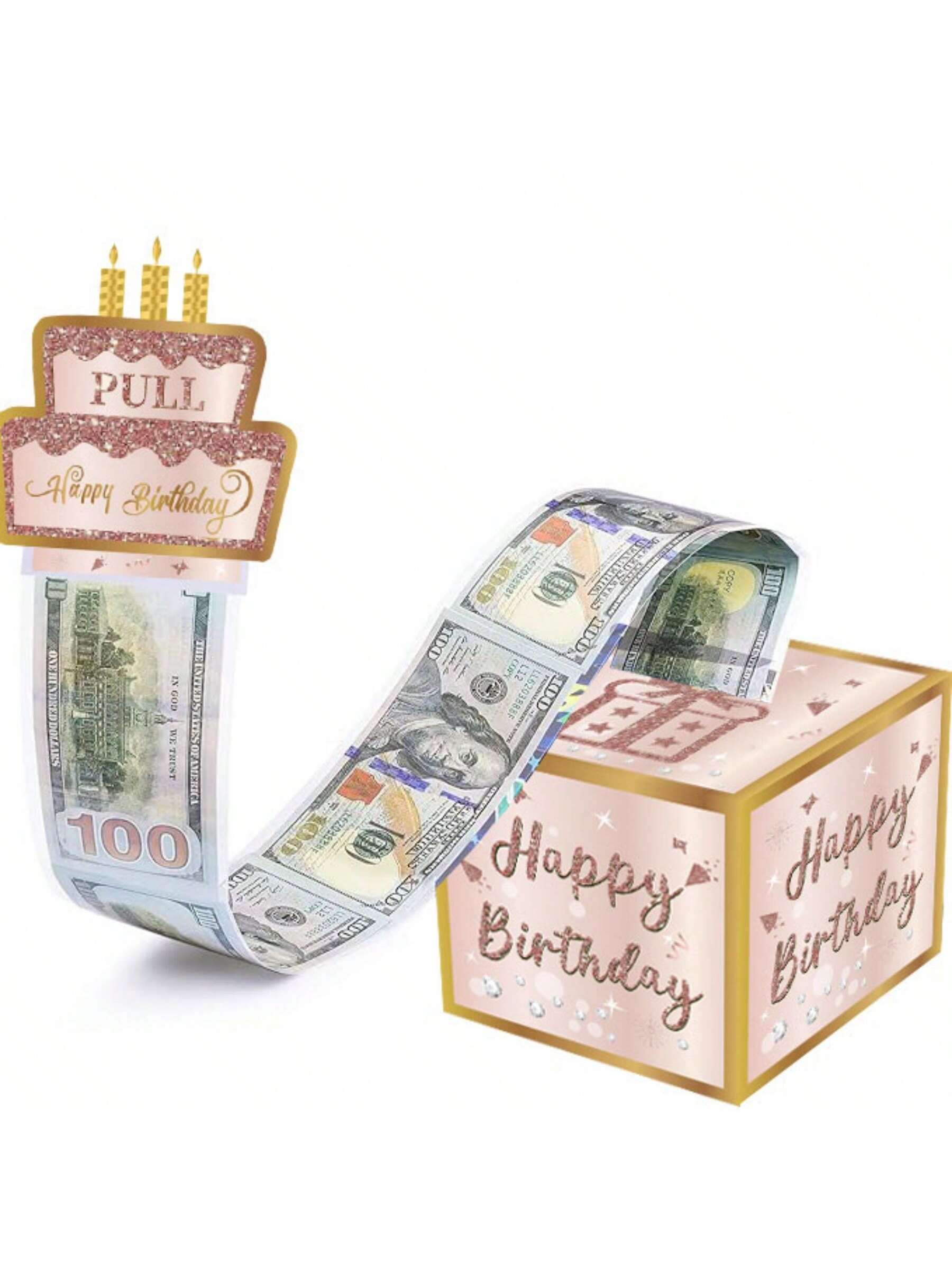 粉红色生日主题现金箱生日卡片和50个透明袋惊喜现金盒
