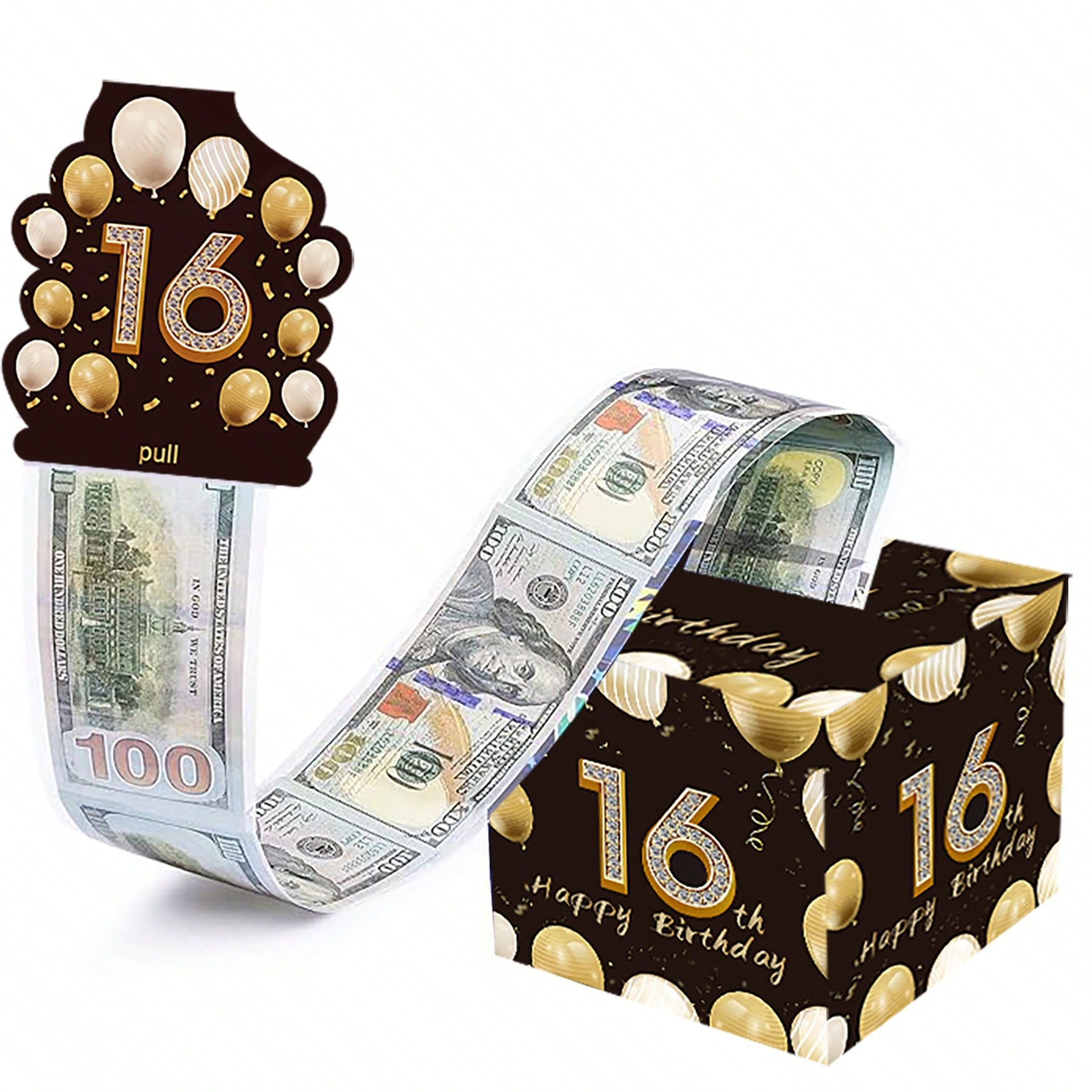 生日现金礼盒，可拉出装现金，适合作为生日礼物送给朋友，黑金配色，16岁生日派对装饰，18岁生日惊喜礼盒，送给朋友