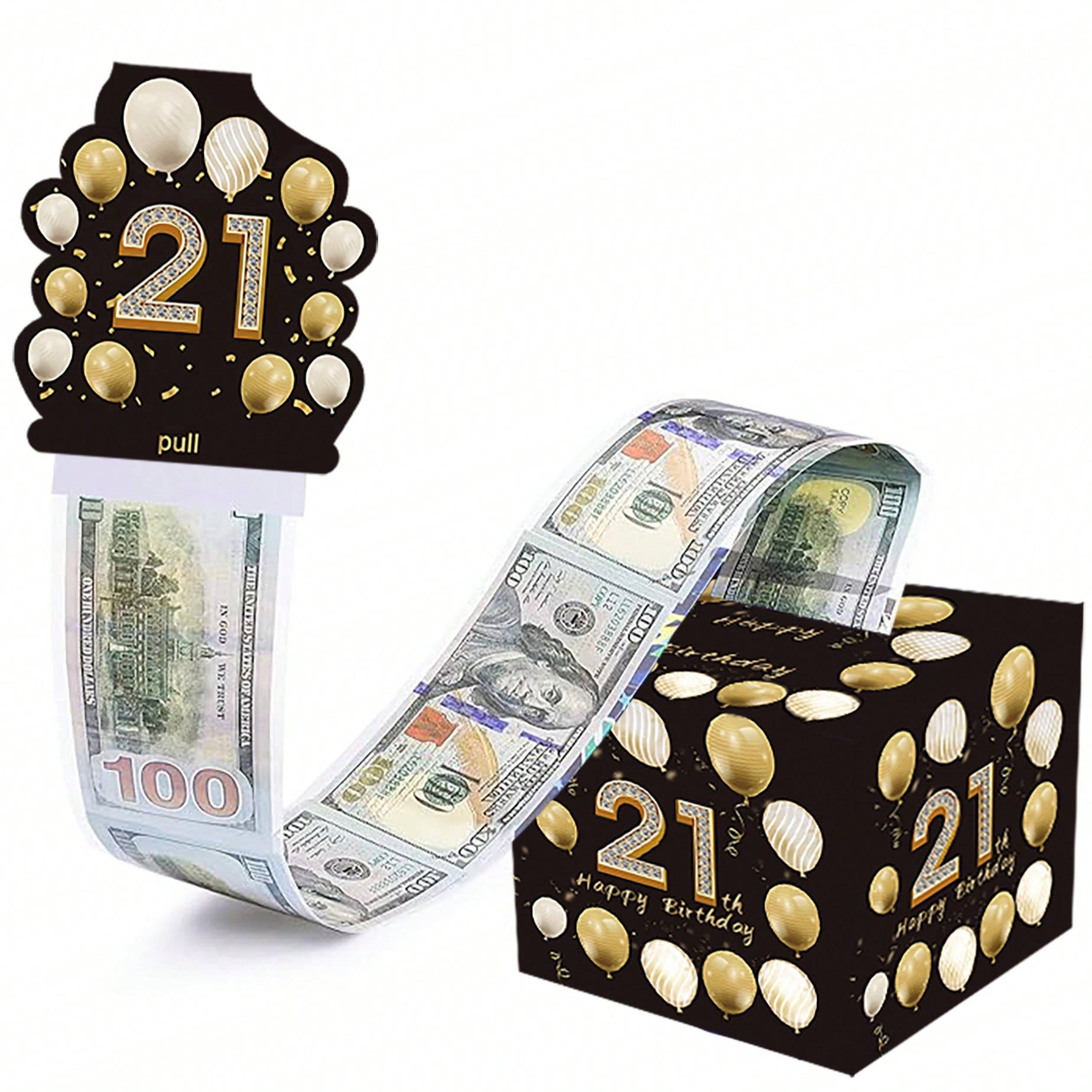 生日现金礼盒，可拉出装现金，适合作为生日礼物送给朋友，黑金配色，16岁生日派对装饰，18岁生日惊喜礼盒，送给朋友