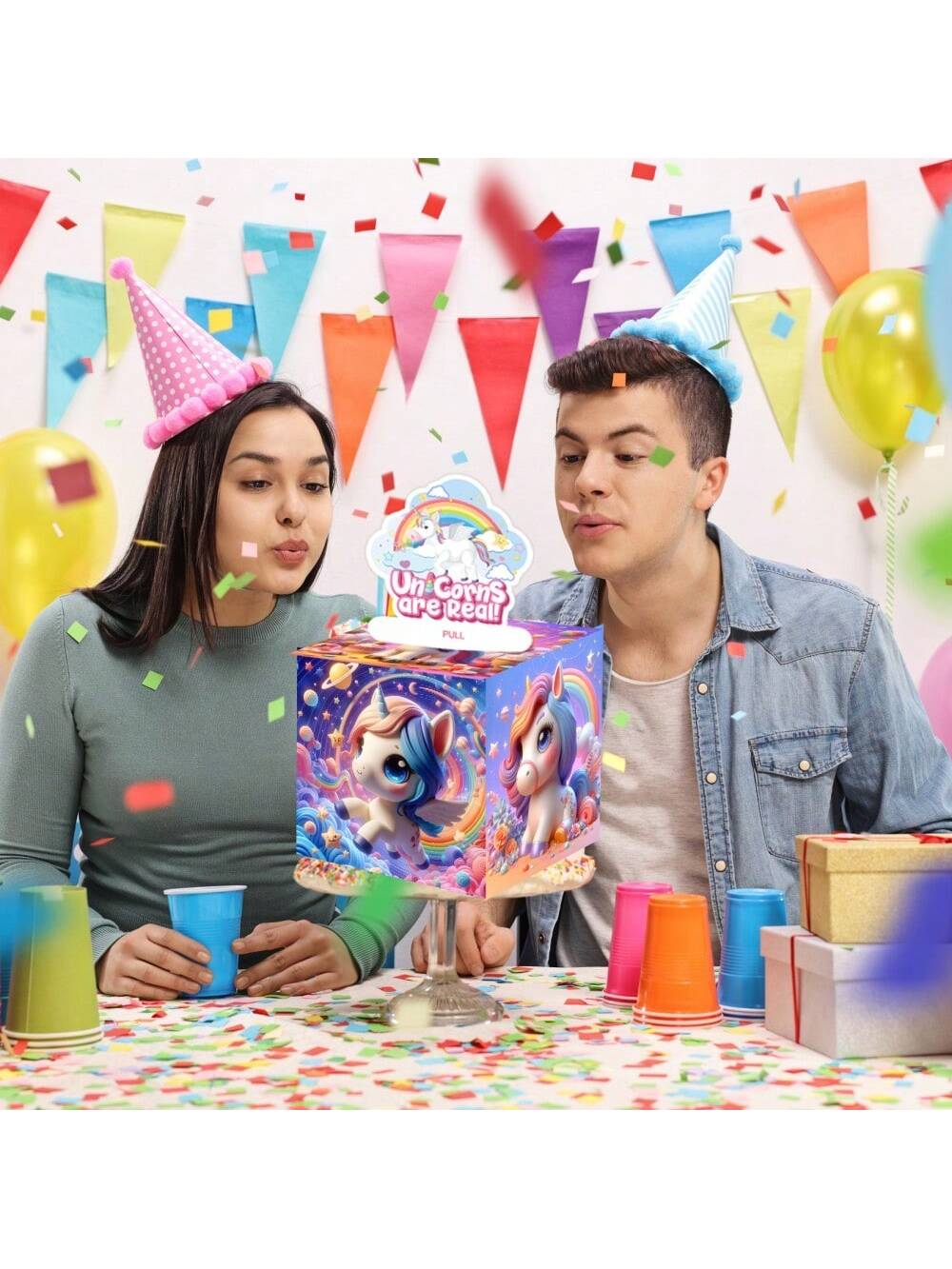 独角兽 生日主题现金箱快乐生日贺卡和透明袋惊喜现金箱现金箱现金适合庆祝生日活动快乐生日送给家人朋友给他一个难忘的生日