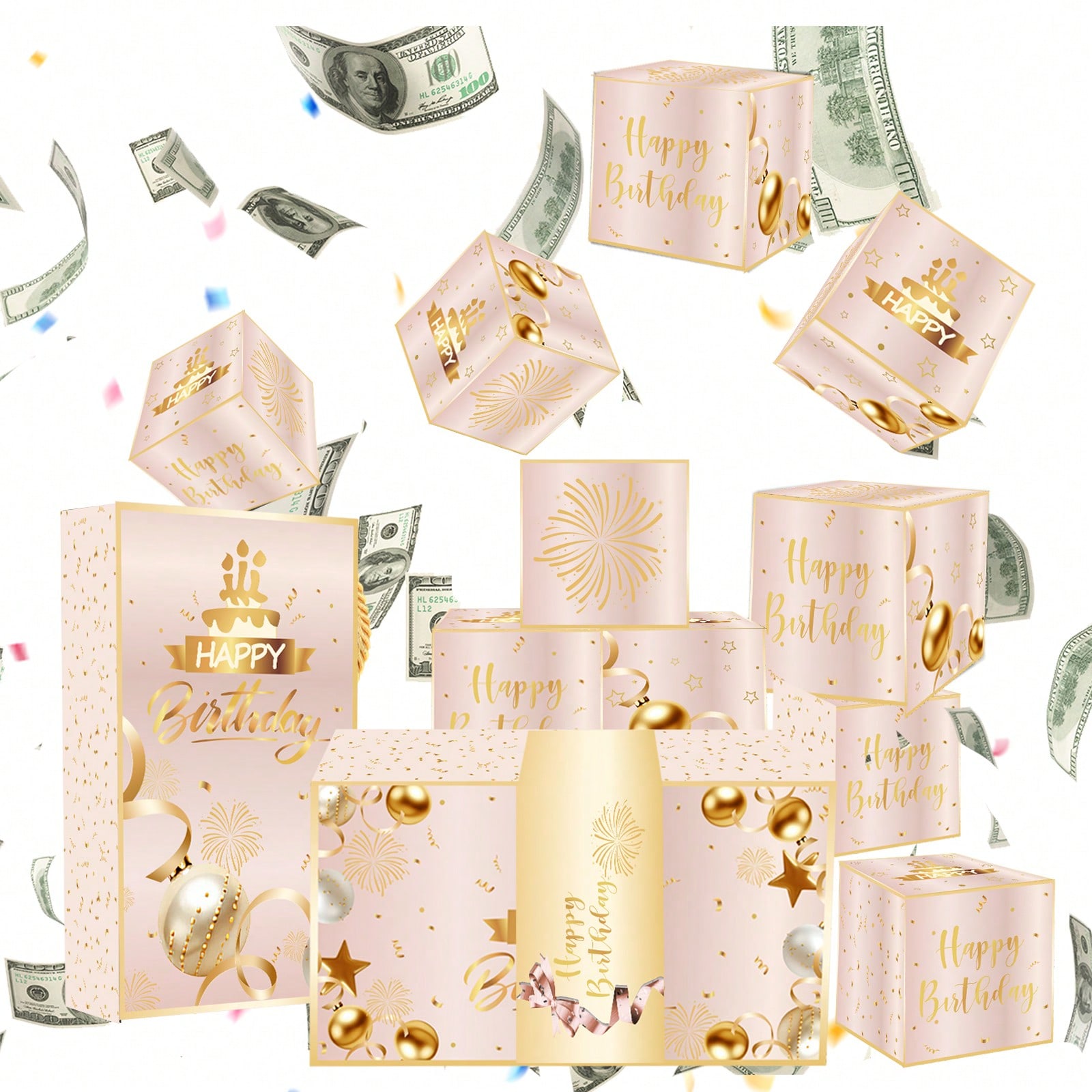 高级款粉金黑金色生日惊喜礼物弹跳盒手提袋生日派对惊喜饰品