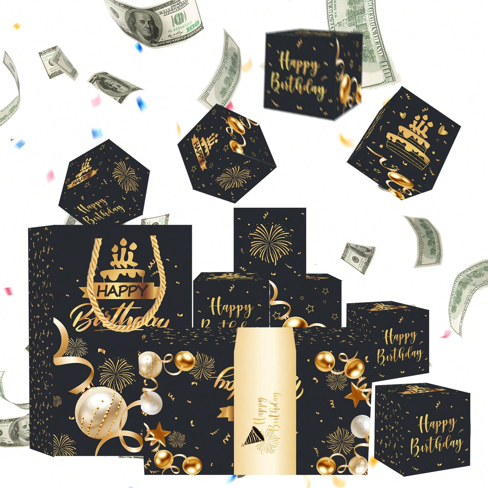 高级款粉金黑金色生日惊喜礼物弹跳盒手提袋生日派对惊喜饰品