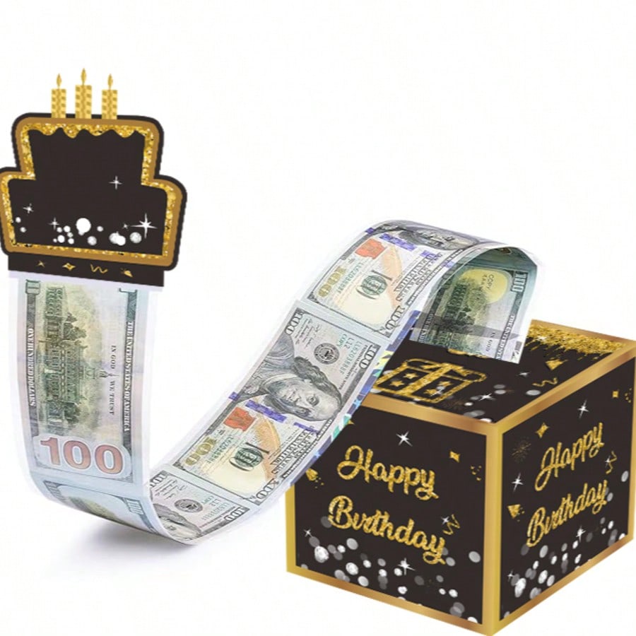 黑色生日节日用生日快乐黑金抽钱盒子派对主题现金箱快乐生日贺卡和透明袋惊喜现金箱现金箱现金