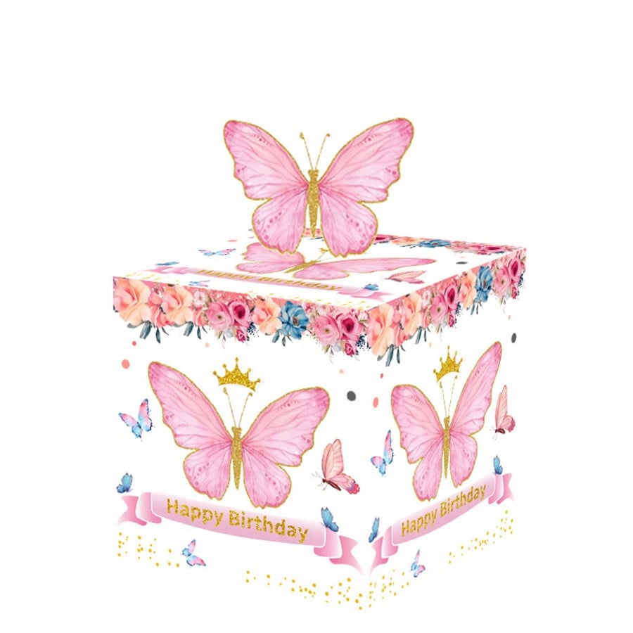 一套粉色蝴蝶生日惊喜礼盒，内含可拉出的生日快乐贺卡和30个透明小袋，是送给亲朋好友的趣味礼物，也是生日派对装饰礼品和惊喜礼盒的理想之选。