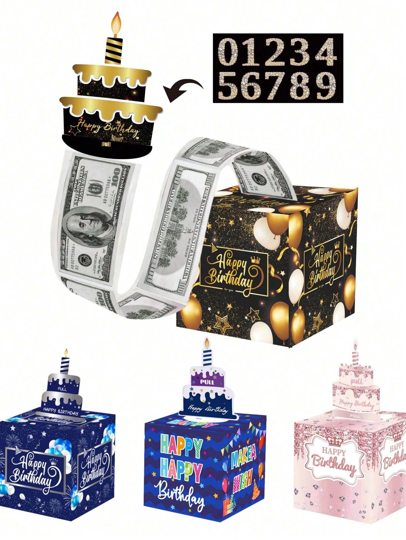 sh251225103224382273158 一套生日现金礼盒，可拉出装现金礼物，内含生日快乐贺卡和30个透明袋子，黑色/金色/蓝色/粉色礼盒，趣味十足的送礼方式，生日派对装饰礼物，惊喜礼盒