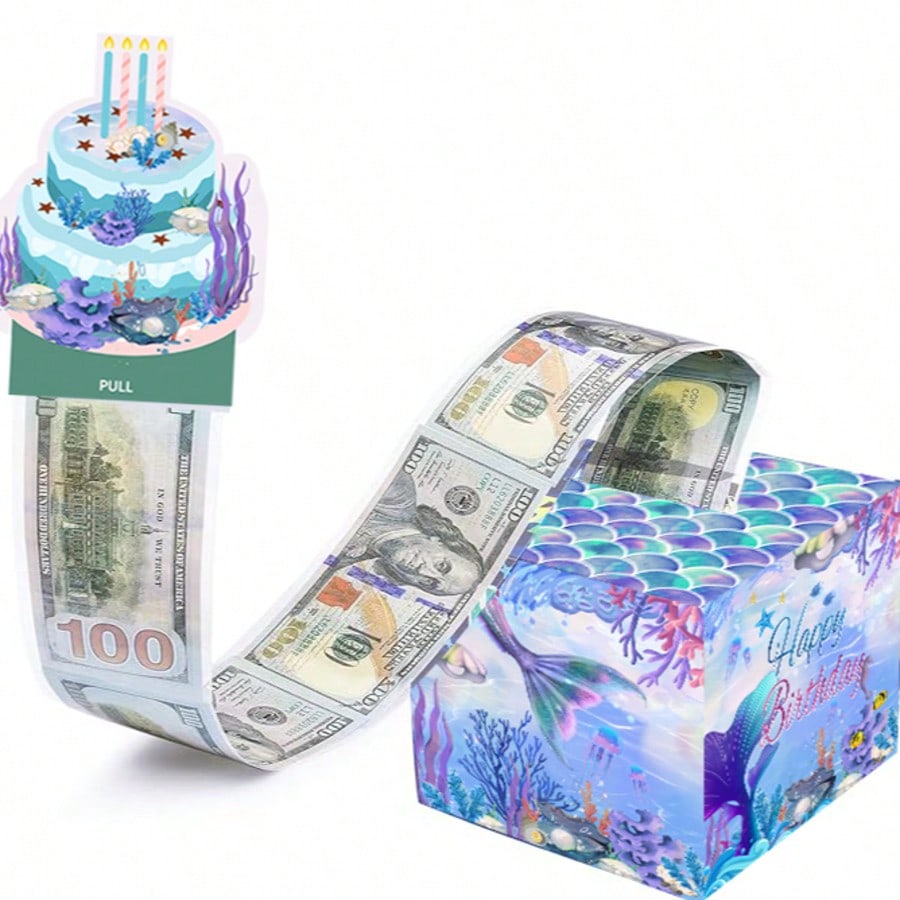 美人鱼生日钱罐,可拉出卡片的生日礼物盒,50个透明袋-派对盒