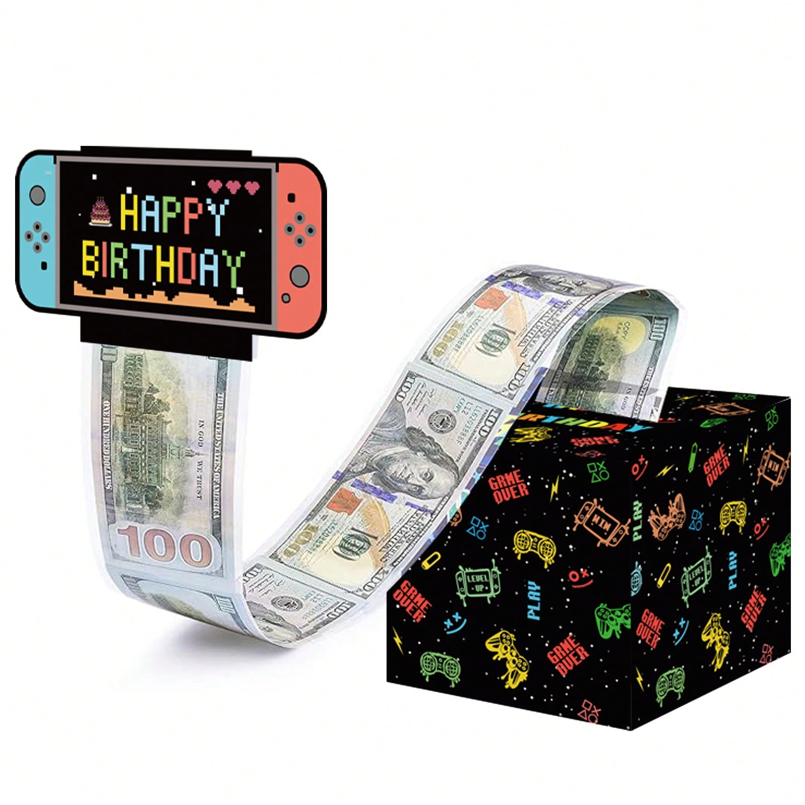 游戏主机主题现金盒,生日祝福卡和50个透明袋 - 惊喜现金盒。这款现金盒非常适合用于生日庆祝。