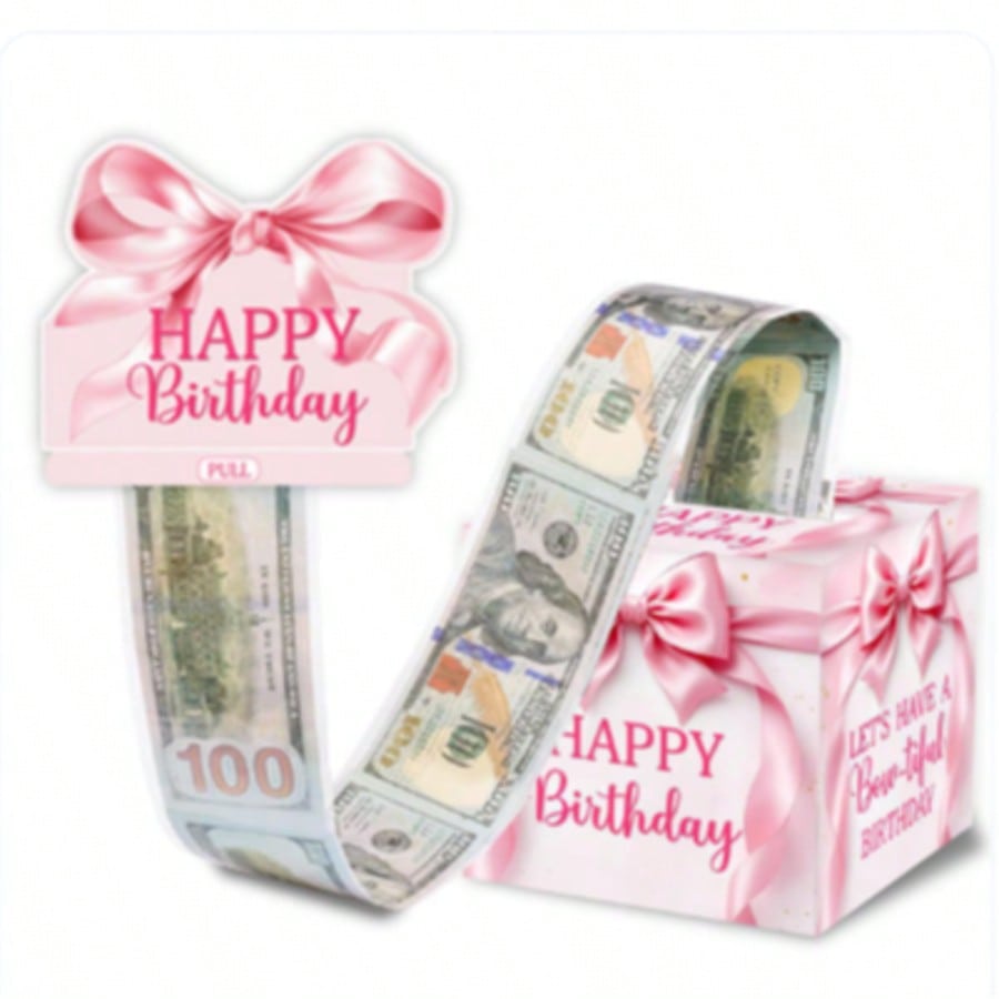 粉色蝴蝶结生日现金礼品盒,女士女孩蝴蝶结生日拉绳现金盒