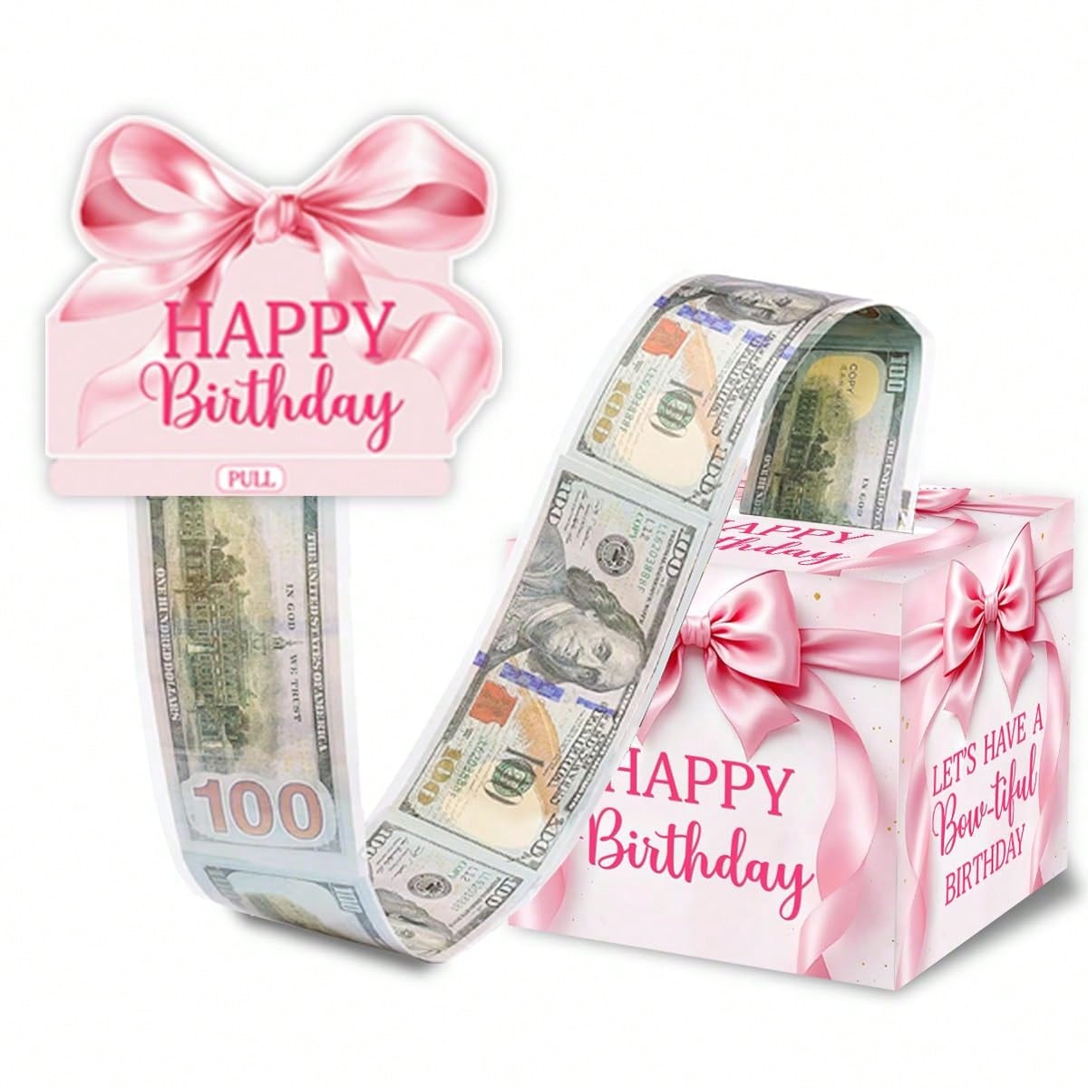 粉色蝴蝶结生日现金礼品盒,蝴蝶结生日现金抽拉盒适合女士女孩派对使用