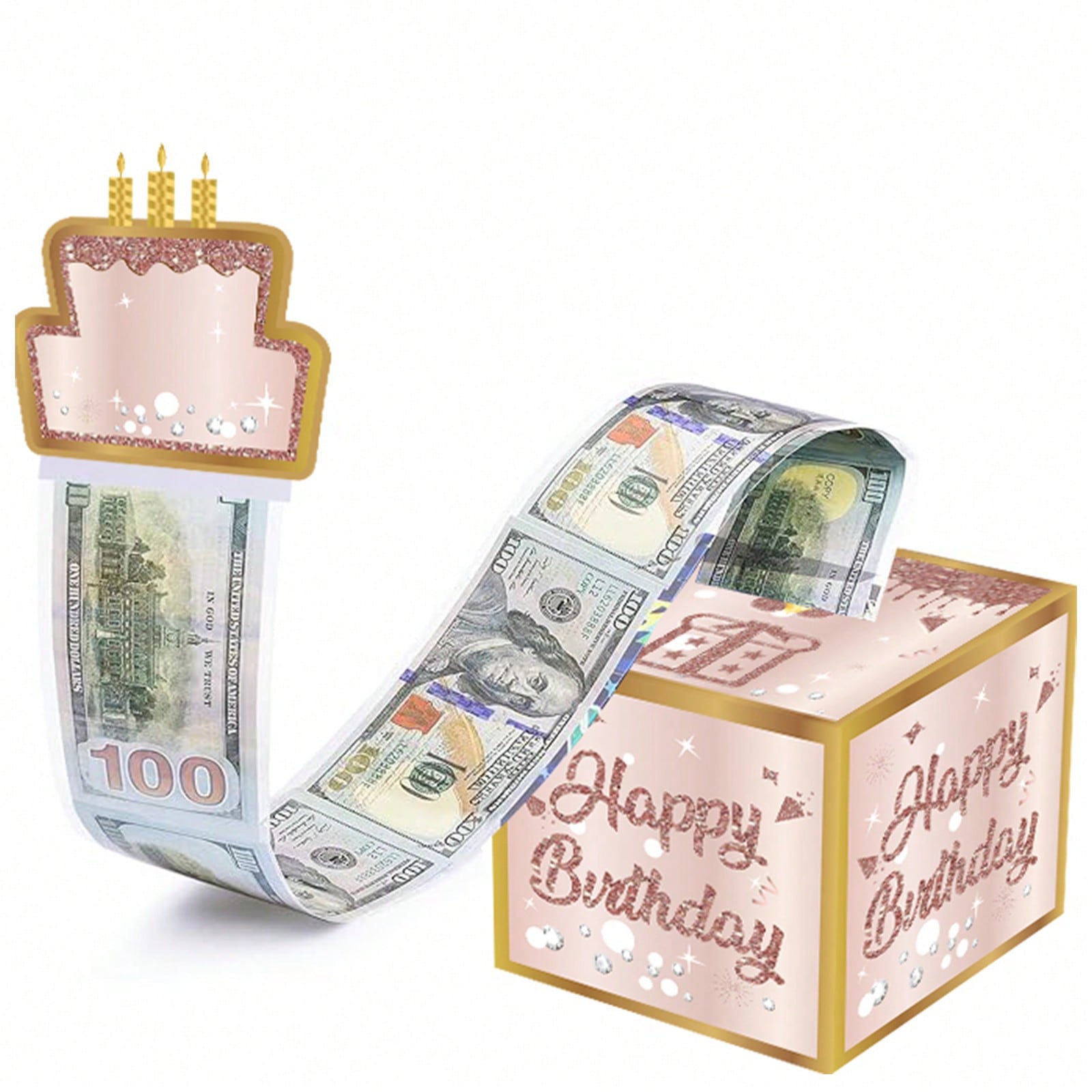 生日快乐现金礼盒,抽拉式现金储存盒带透明袋,DIY贴纸生日卡,适合各年龄段女士女孩儿童和成人的惊喜现金礼盒(粉色)