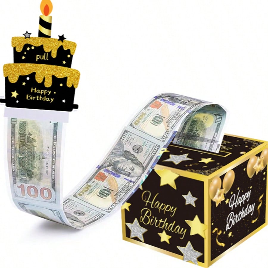 黑金生日钞票抽拉盒,生日现金抽拉卡片礼盒,包括透明袋