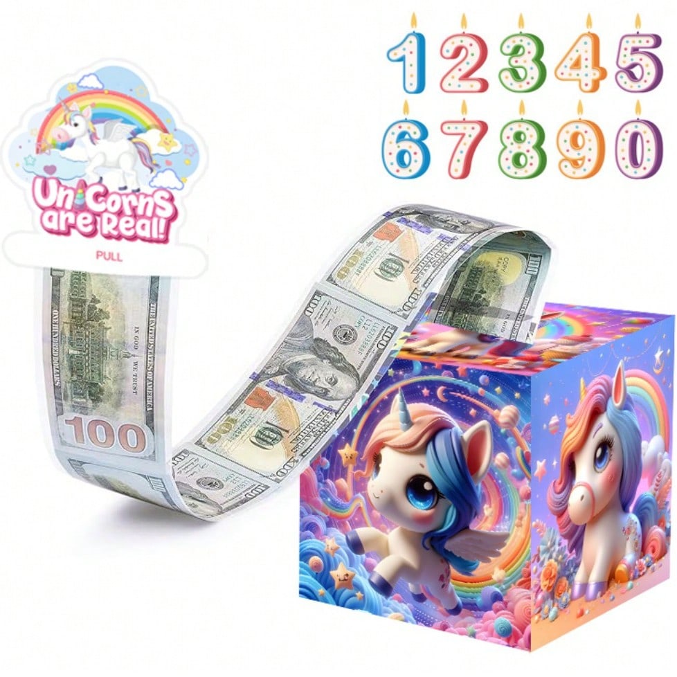 派对盒-生日拉钱盒,独角兽惊喜现金礼品盒,附带透明袋的钞票卷盒,这是一种有趣而富有爱意的送现金生日礼物的方式。