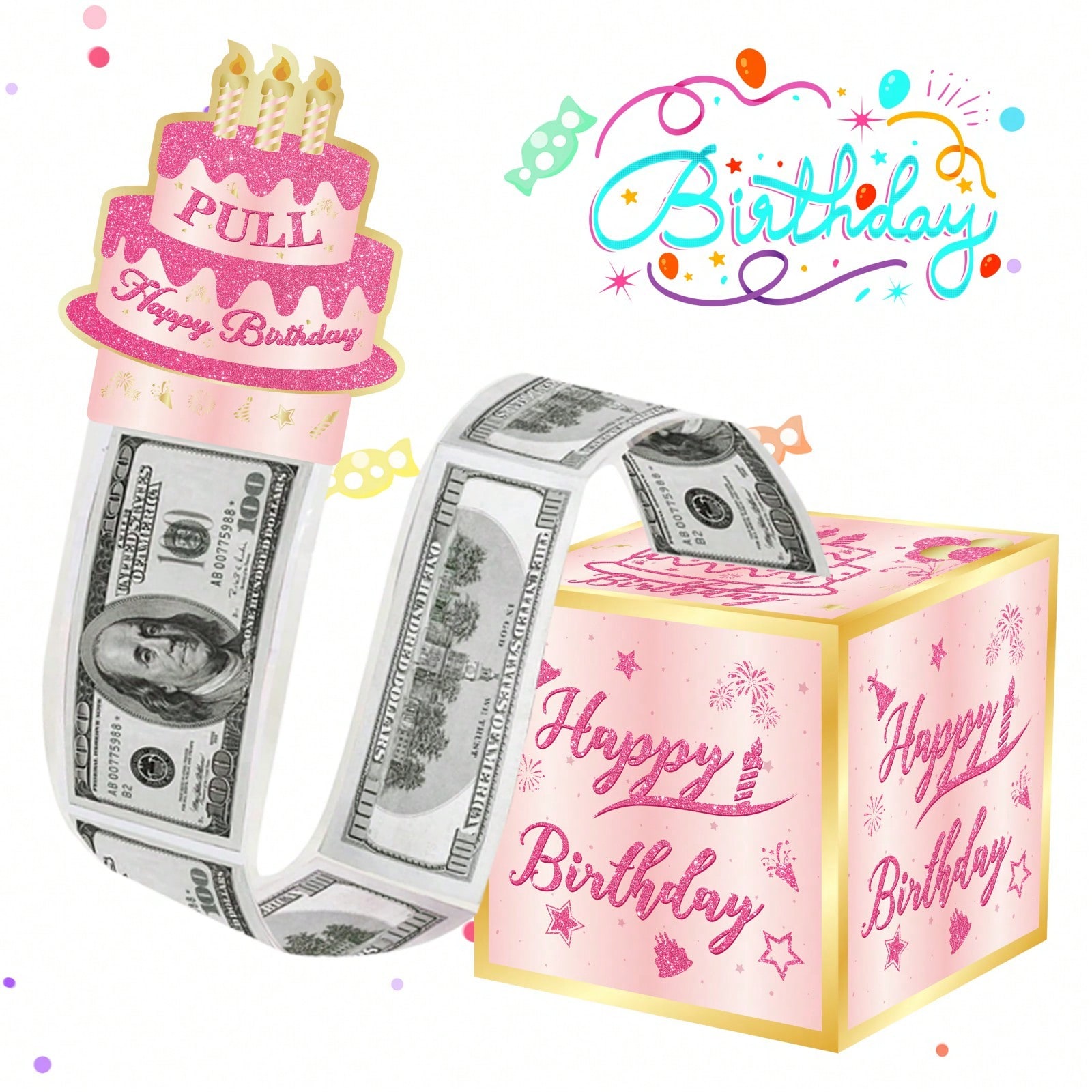 派对盒-生日现金礼盒,适合儿童女士成人生日派对装饰,给现金礼物的有趣方式(粉色)