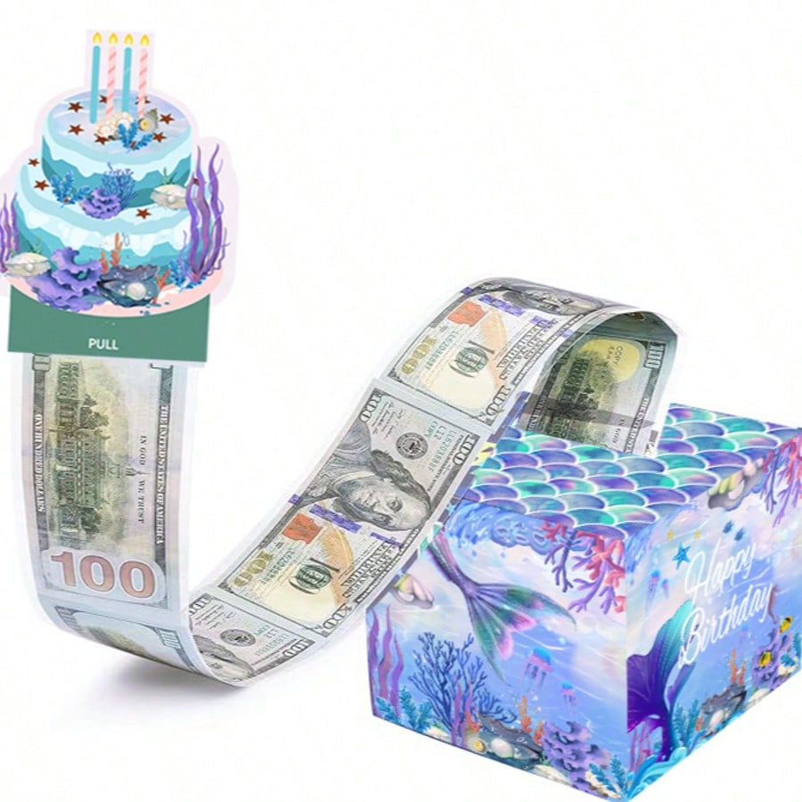 美人鱼主题生日款拉钱盒,生日惊喜拉钱卡礼盒附透明袋