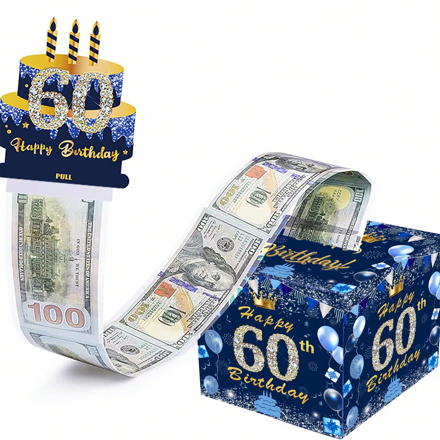 生日现金盒,带透明袋的生日拉钱盒用于生日惊喜卡片和派对装饰,适合女士、女孩、男士、男孩和好朋友(蓝色)