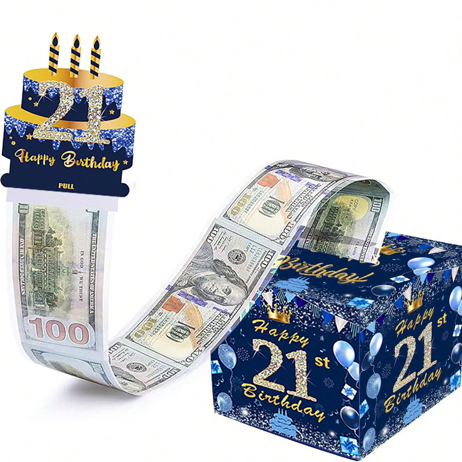 生日现金盒,带透明袋的生日拉钱盒用于生日惊喜卡片和派对装饰,适合女士、女孩、男士、男孩和好朋友(蓝色)