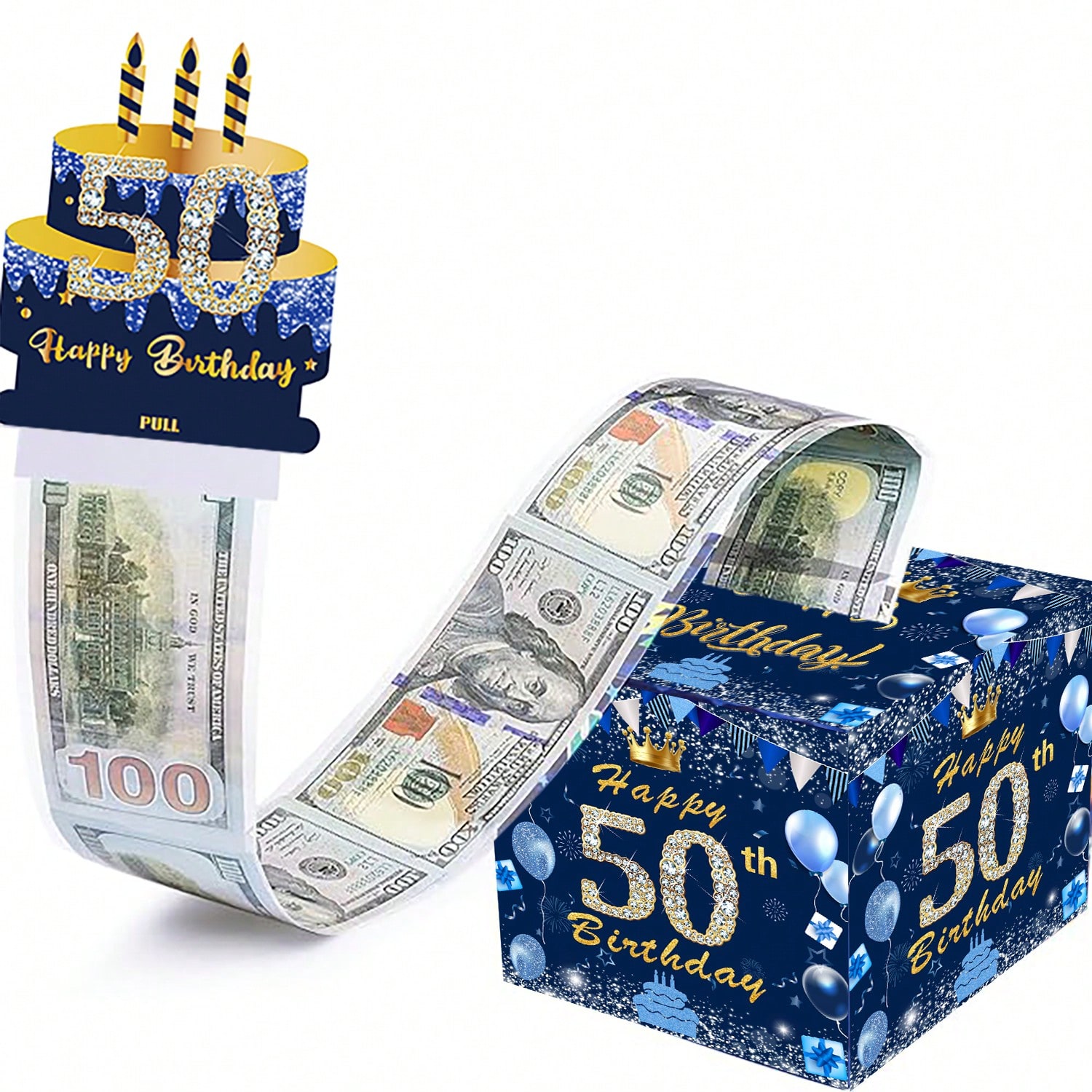 生日现金盒,带透明袋的生日拉钱盒用于生日惊喜卡片和派对装饰,适合女士、女孩、男士、男孩和好朋友(蓝色)