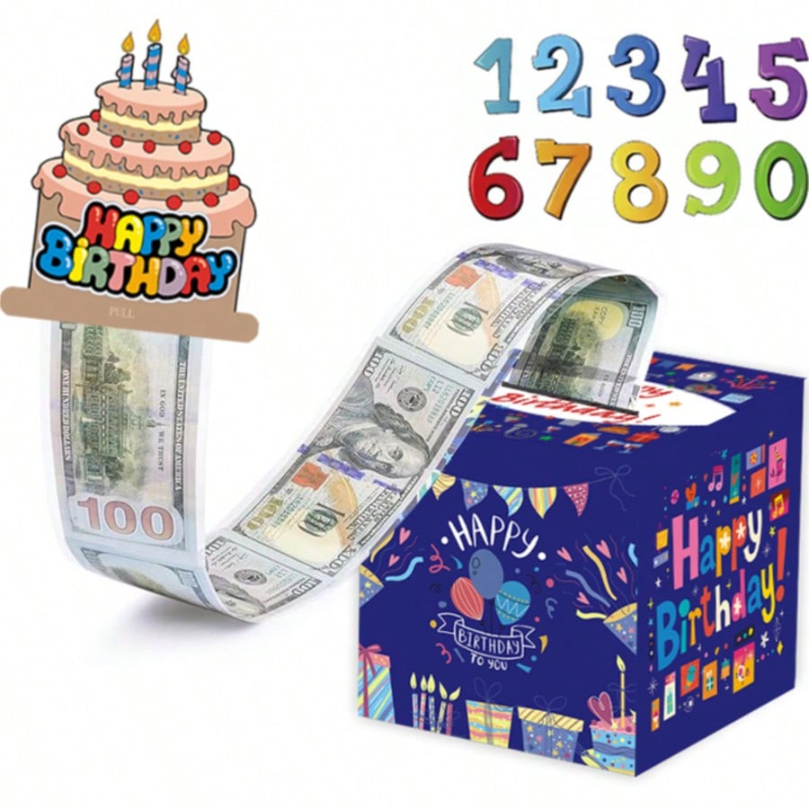 生日现金盒,带透明袋的生日拉钱盒用于生日惊喜卡片和派对装饰