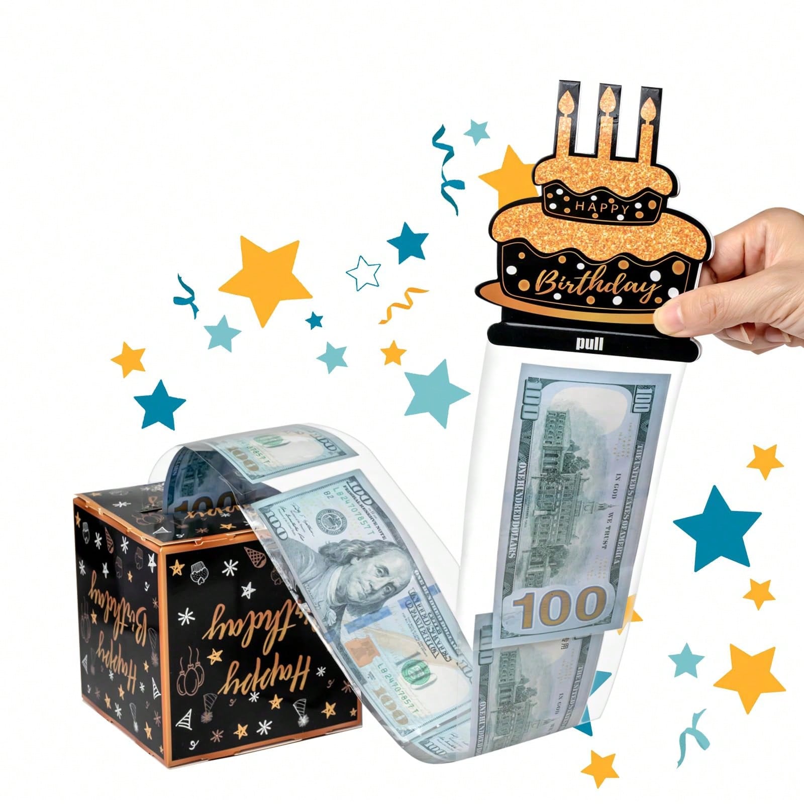 生日现金盒,带透明袋的生日拉钱盒用于生日惊喜卡片和派对装饰